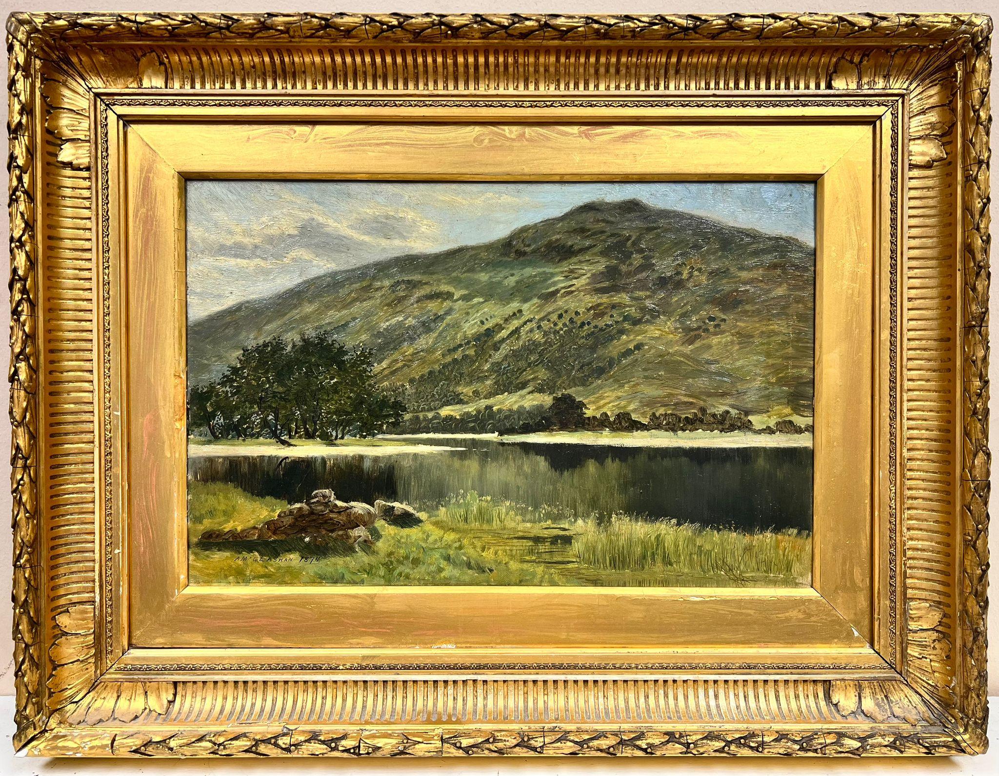 Alexander McGlashan Landscape Painting - Fine Victorian Scottish Oil Painting Loch Achray Highland Mountain Loch Scene 