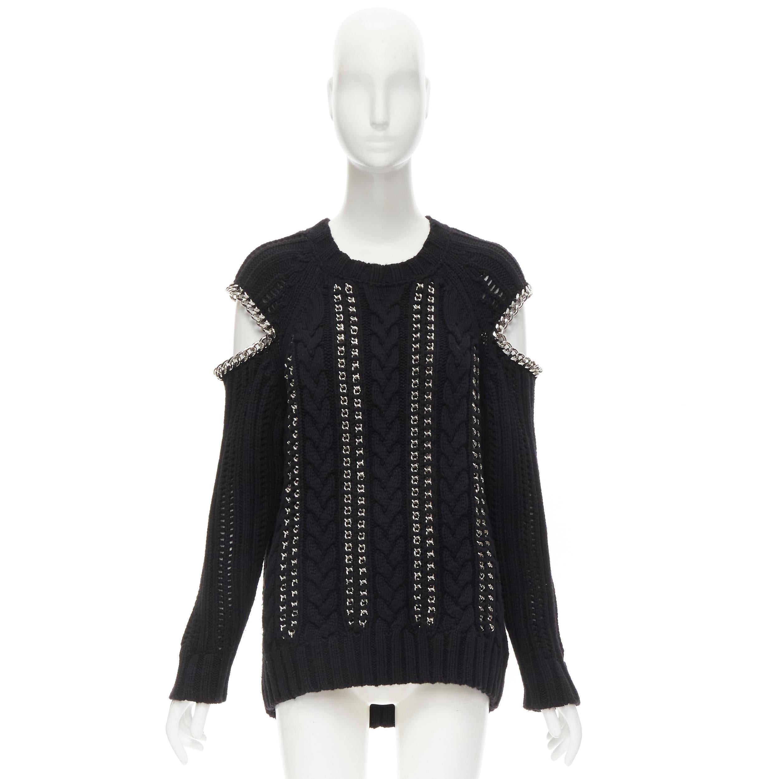 ALEXANDER MCQUEEN 100% cashmere black silver chain cable knit cut out sweater M 2