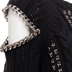 ALEXANDER MCQUEEN 100% cashmere black silver chain cable knit cut out sweater M