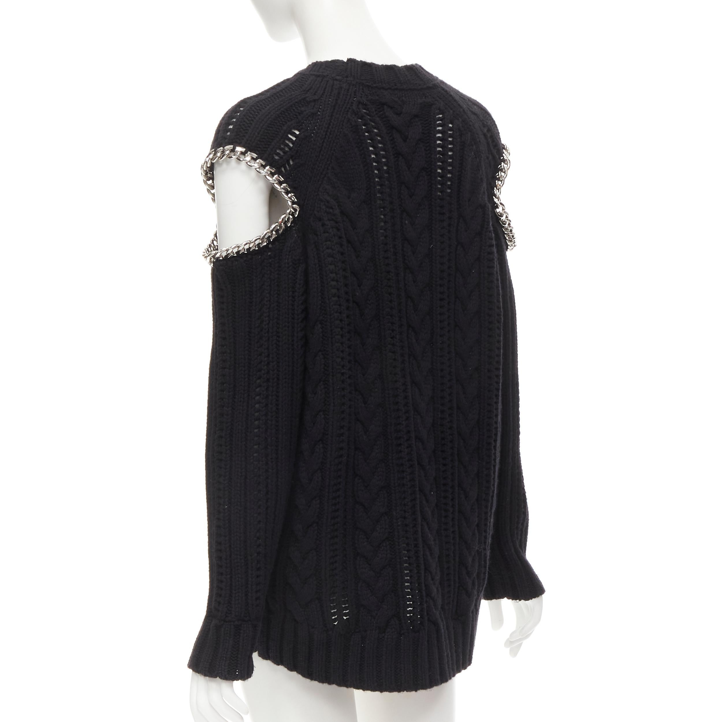Black ALEXANDER MCQUEEN 100% cashmere black silver chain cable knit cut out sweater M
