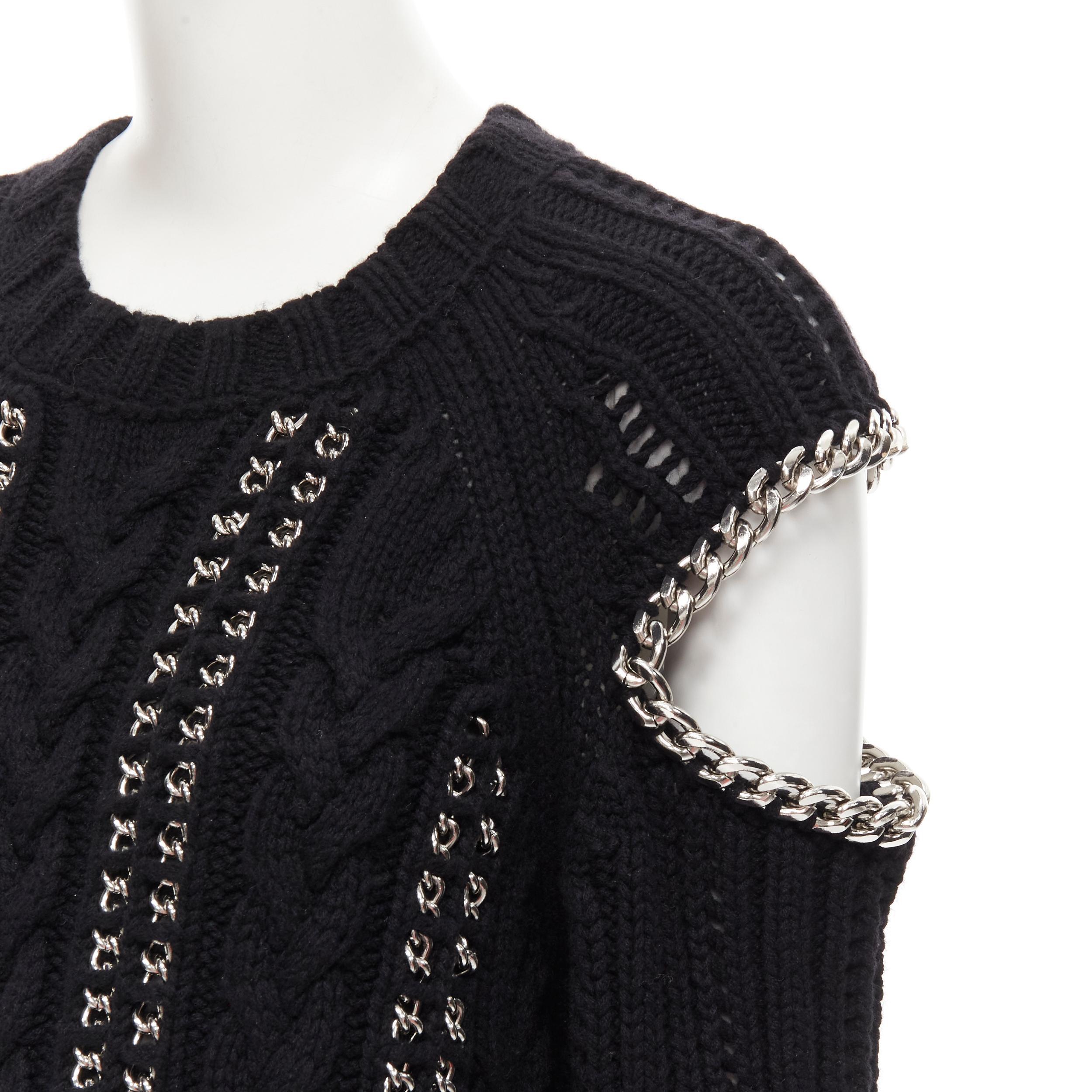 ALEXANDER MCQUEEN 100% cashmere black silver chain cable knit cut out sweater M In Excellent Condition In Hong Kong, NT