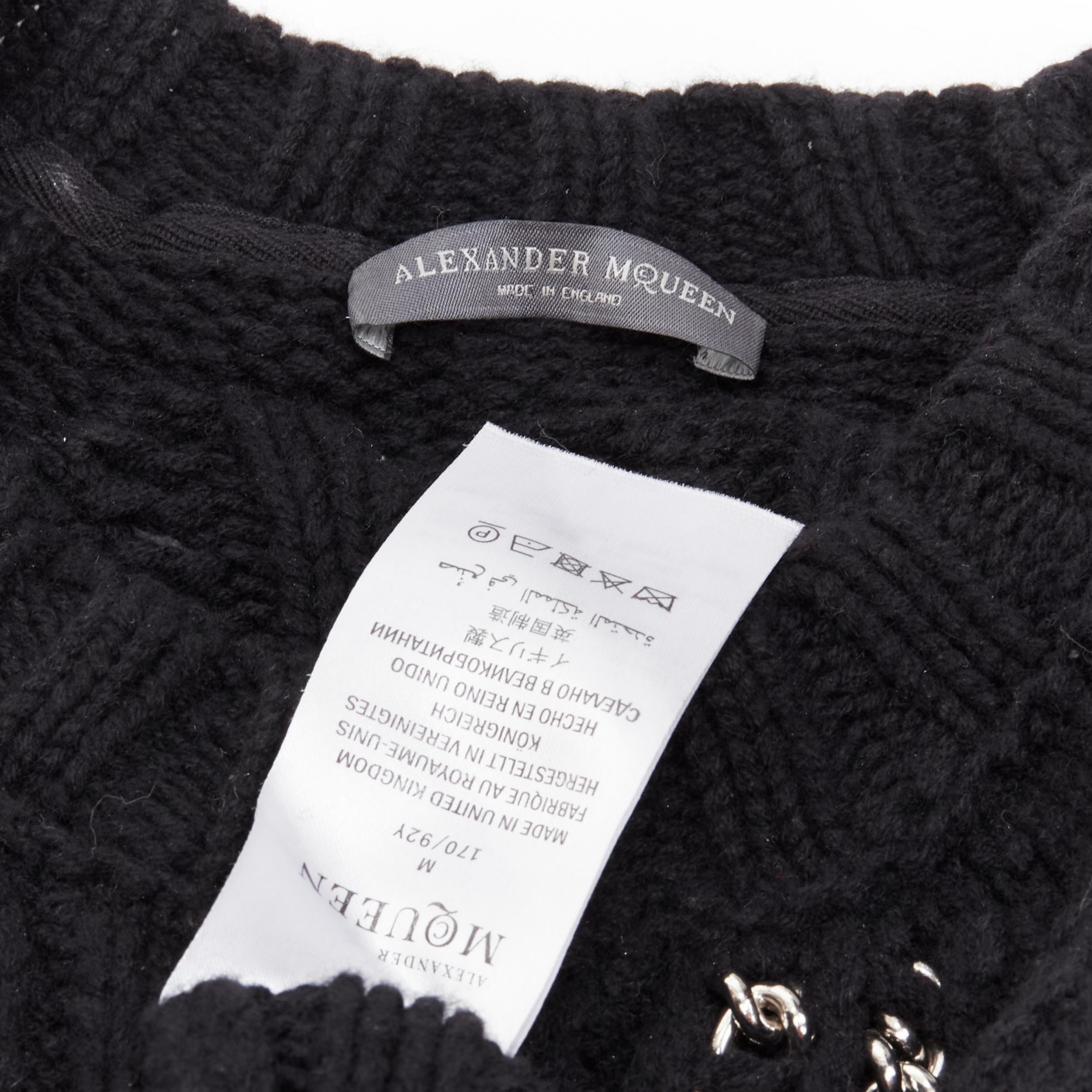 ALEXANDER MCQUEEN 100% cashmere black silver chain cable knit cut out sweater M 1
