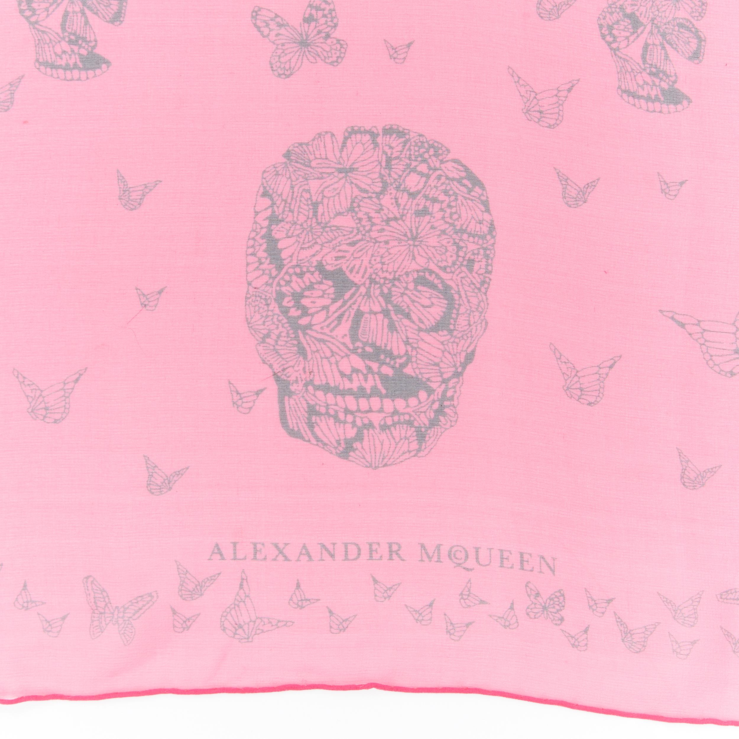 ALEXANDER MCQUEEN 100% silk fuschia pink skeleton butterfly print scarf
Brand: Alexander Mcqueen
Model Name / Style: Silk scarf
Material: Silk
Color: Pink
Pattern: Other
Made in: Italy

CONDITION: 
Condition: Excellent, this item was pre-owned and