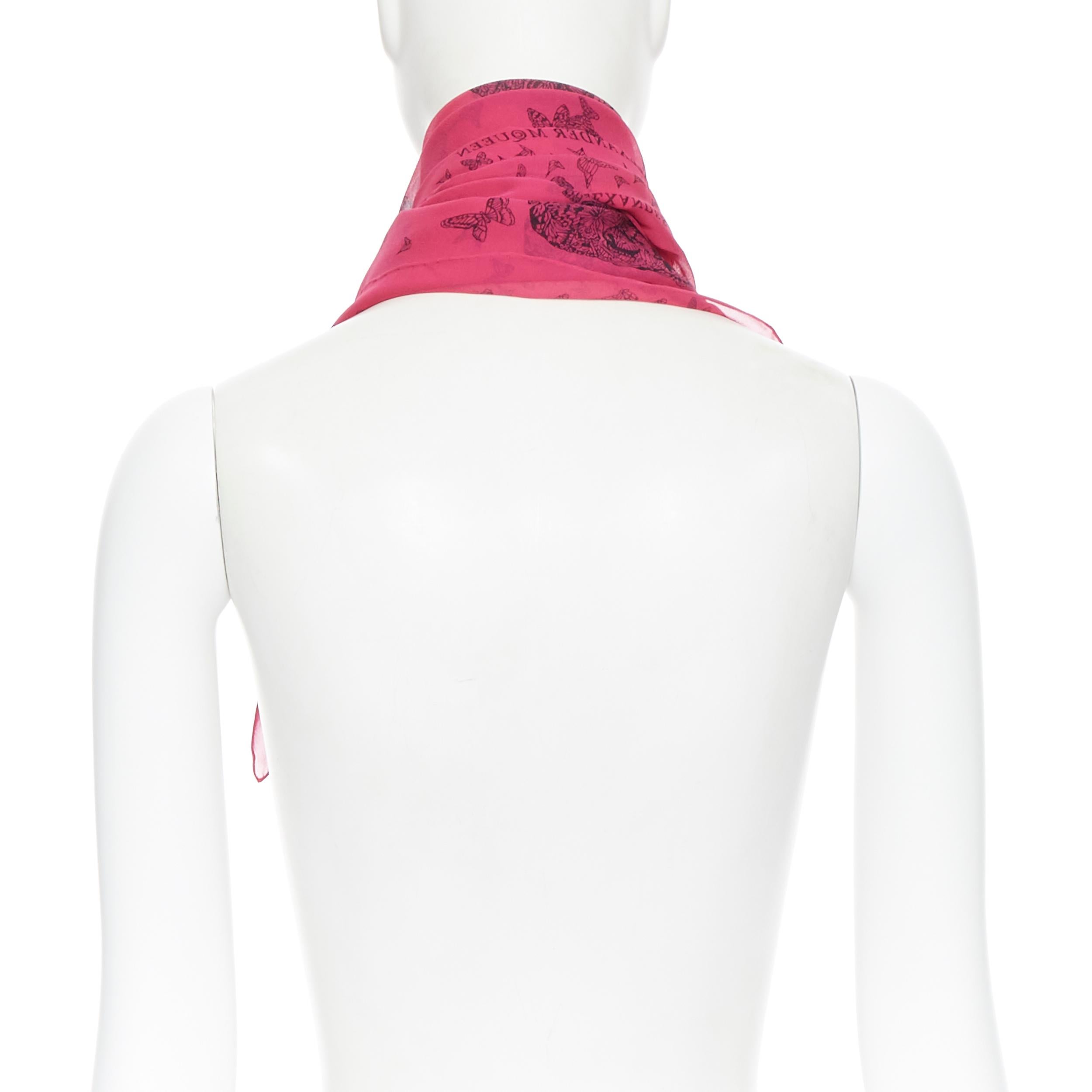 ALEXANDER MCQUEEN 100% silk fuschia pink skeleton butterfly print scarf In Excellent Condition In Hong Kong, NT