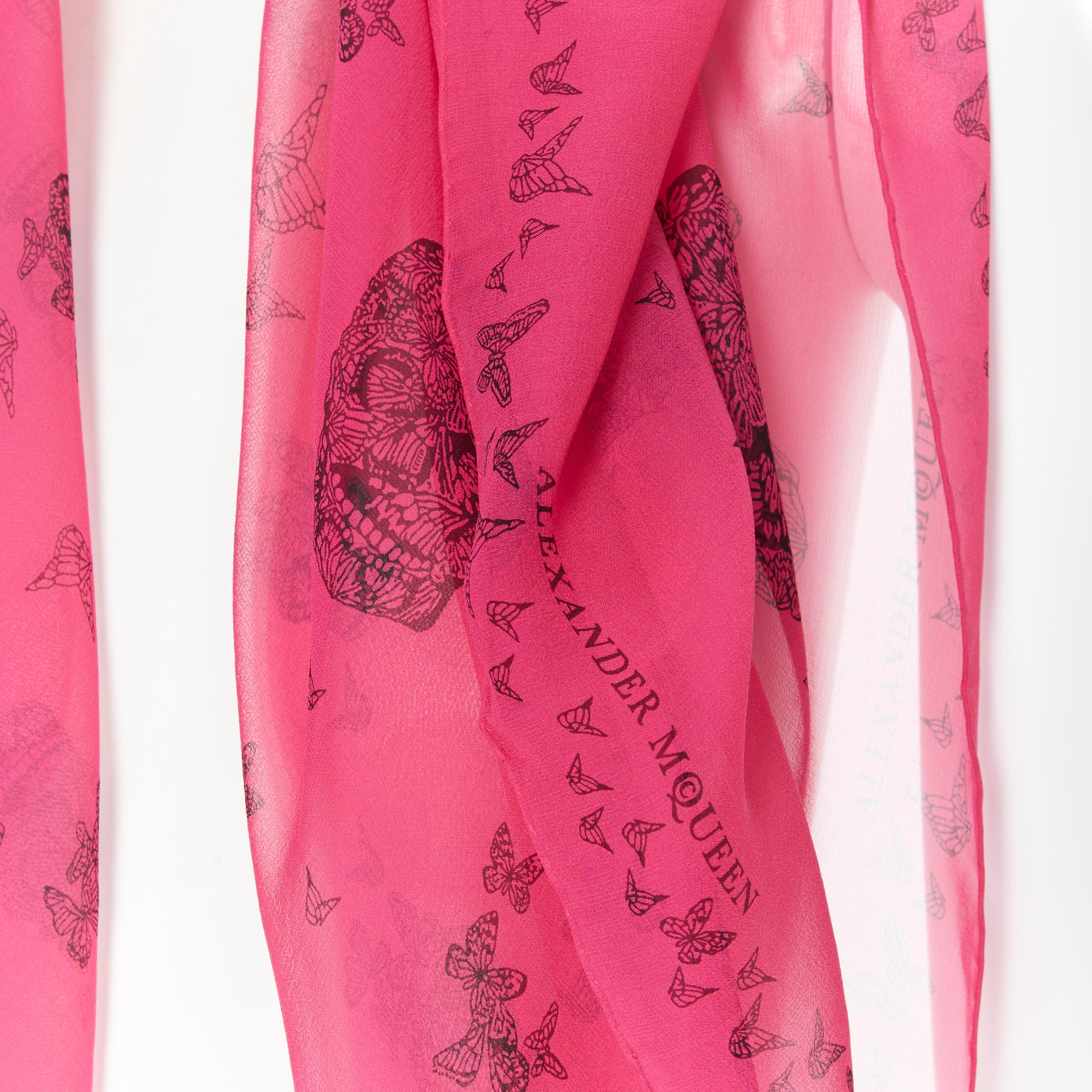 ALEXANDER MCQUEEN 100% silk fuschia pink skeleton butterfly print scarf 1