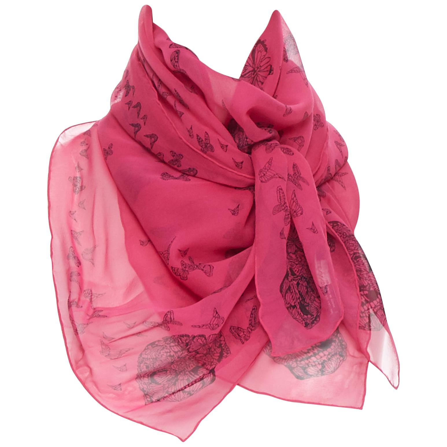 ALEXANDER MCQUEEN 100% silk fuschia pink skeleton butterfly print scarf