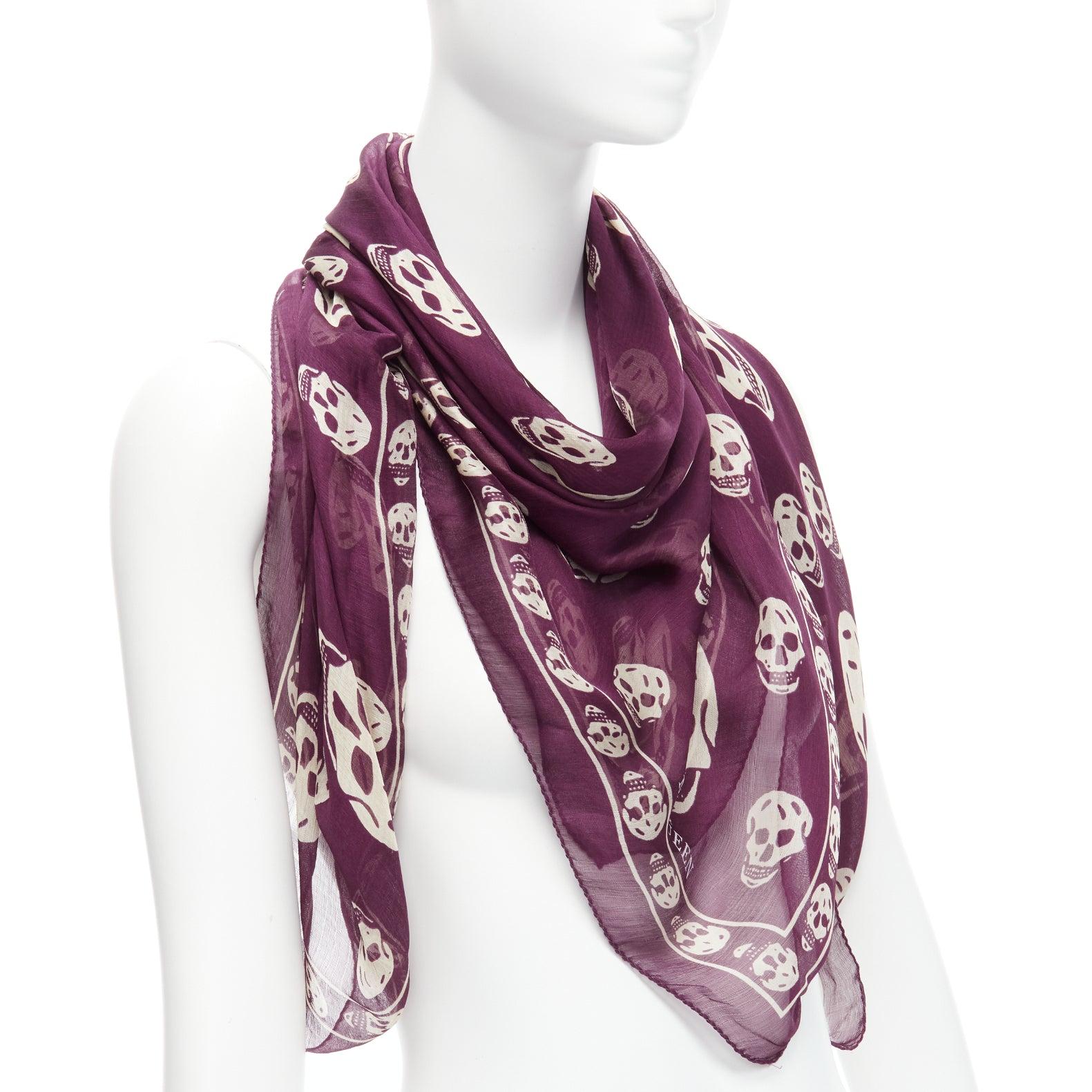ALEXANDER MCQUEEN 100% silk purple cream skull print logo scarf In Excellent Condition In Hong Kong, NT
