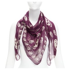 ALEXANDER MCQUEEN 100% silk purple cream skull print logo scarf
