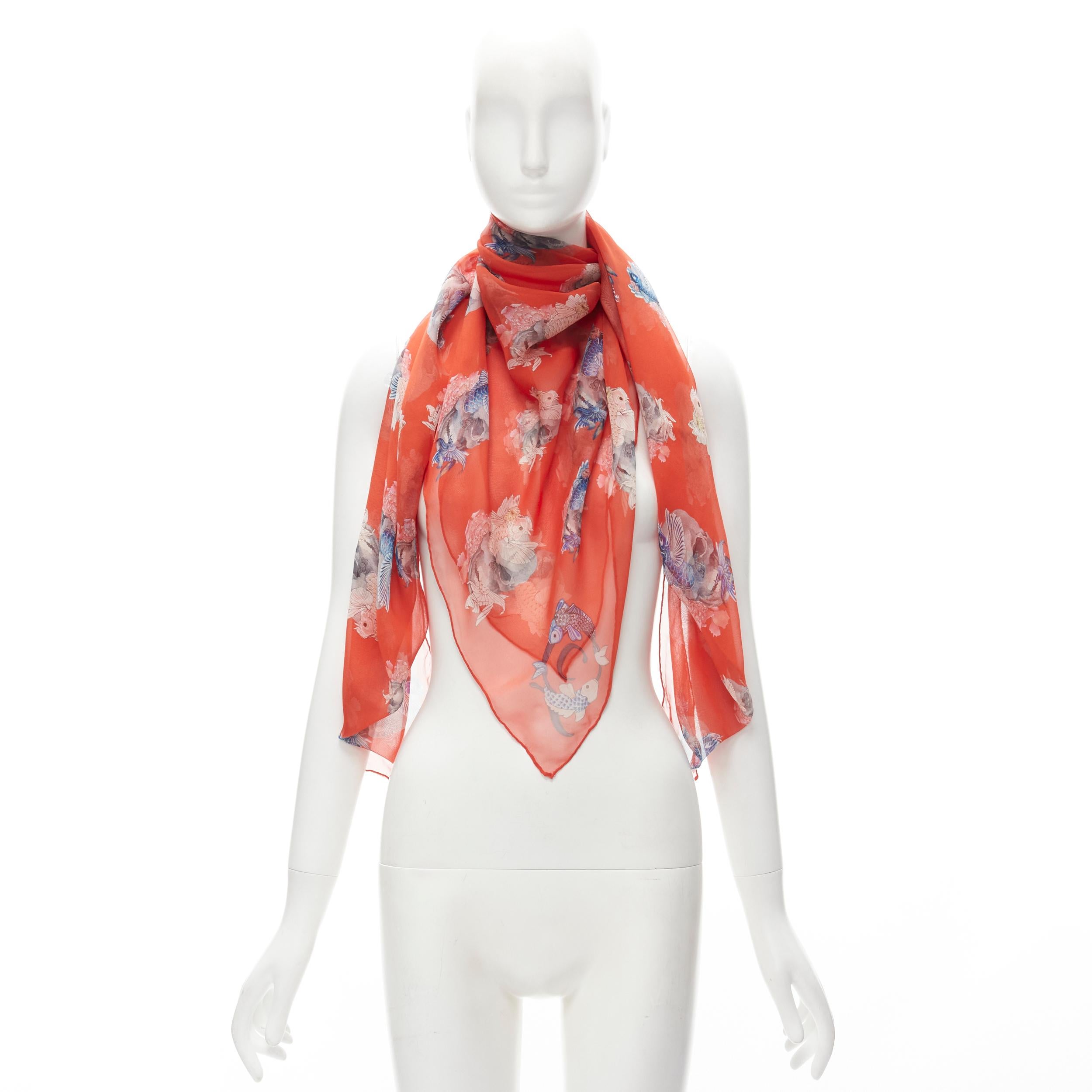 ALEXANDER MCQUEEN 100% silk red koi fish skeleton skull print scarf 3