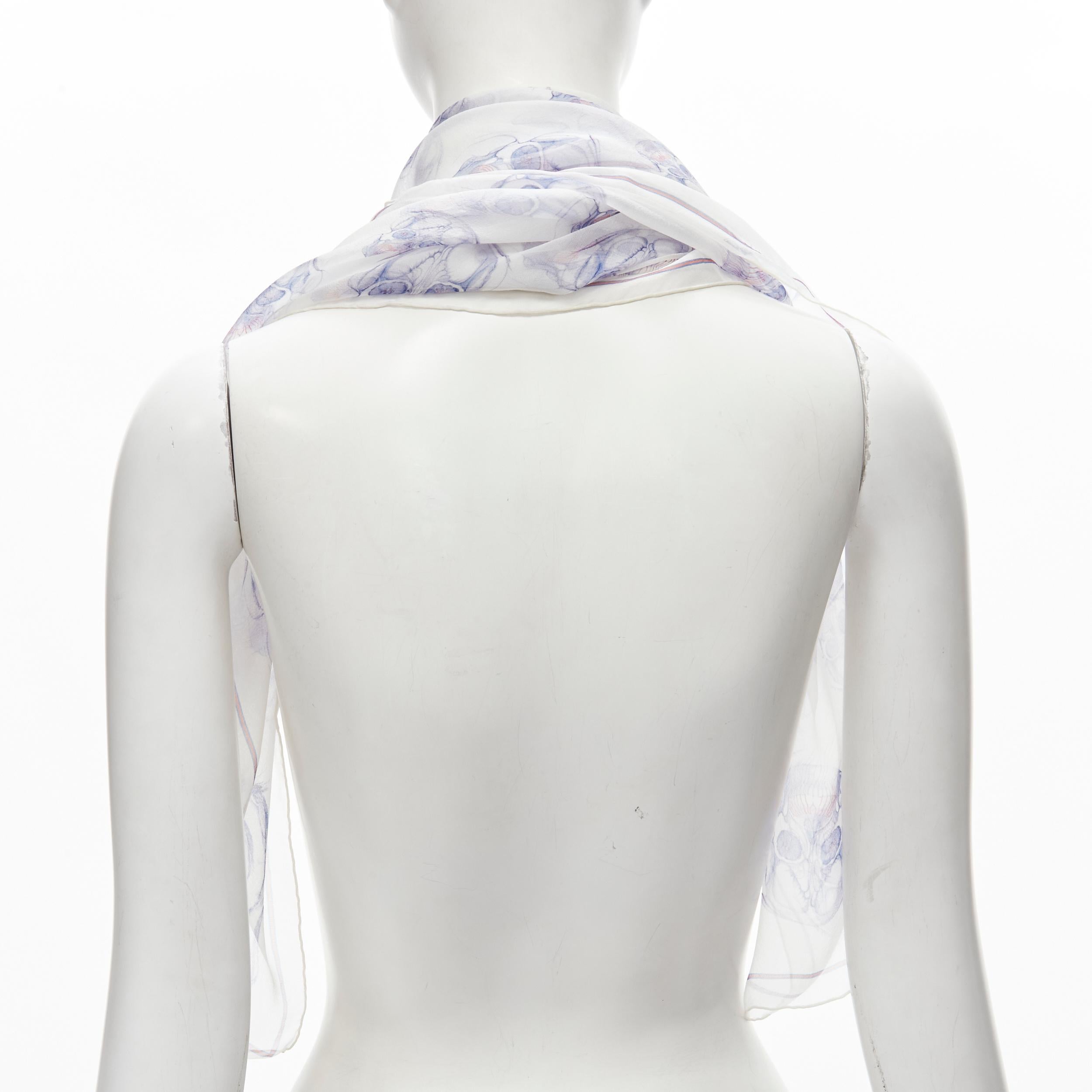 ALEXANDER MCQUEEN 100% silk white blue skull print sheer scarf In Good Condition In Hong Kong, NT