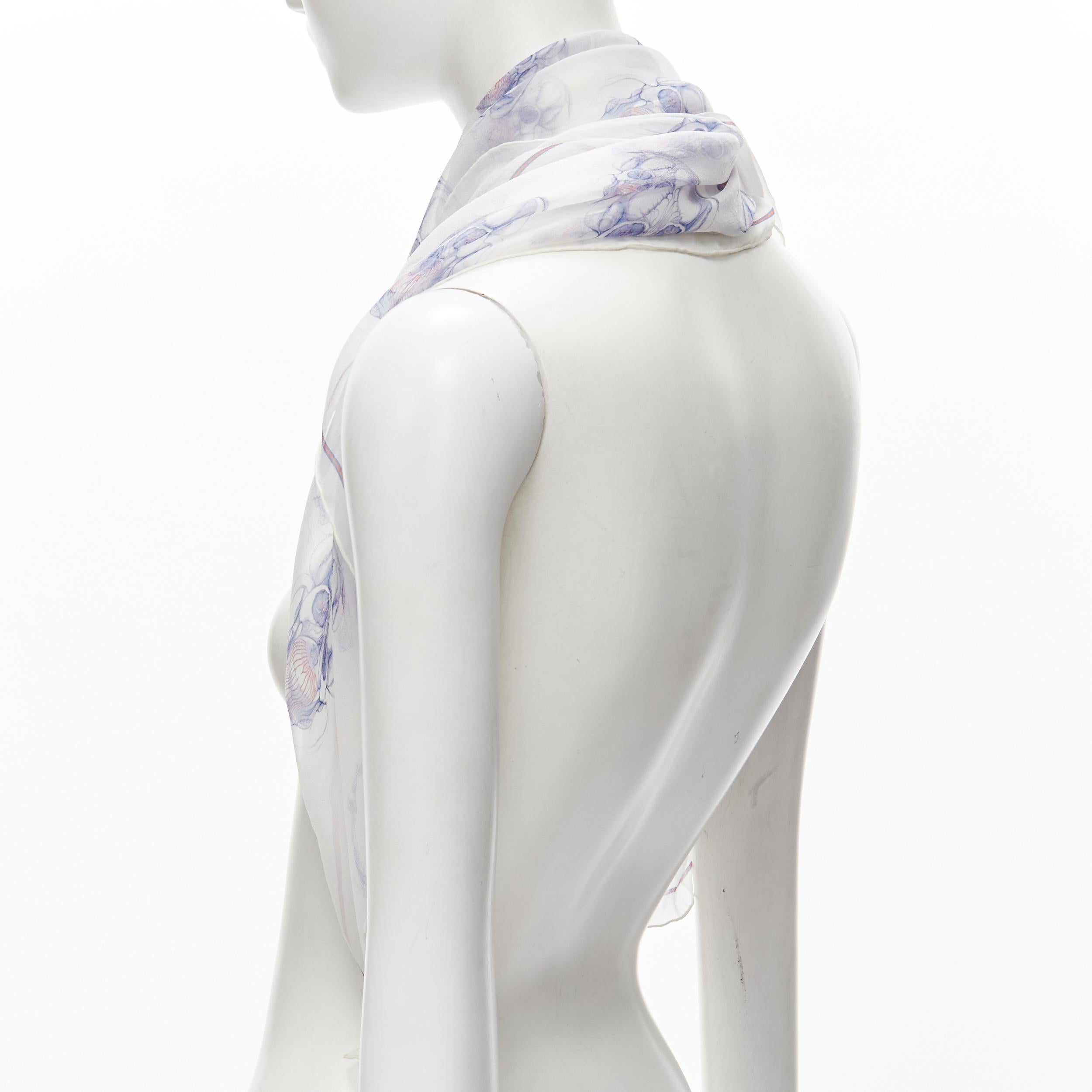 Women's ALEXANDER MCQUEEN 100% silk white blue skull print sheer scarf