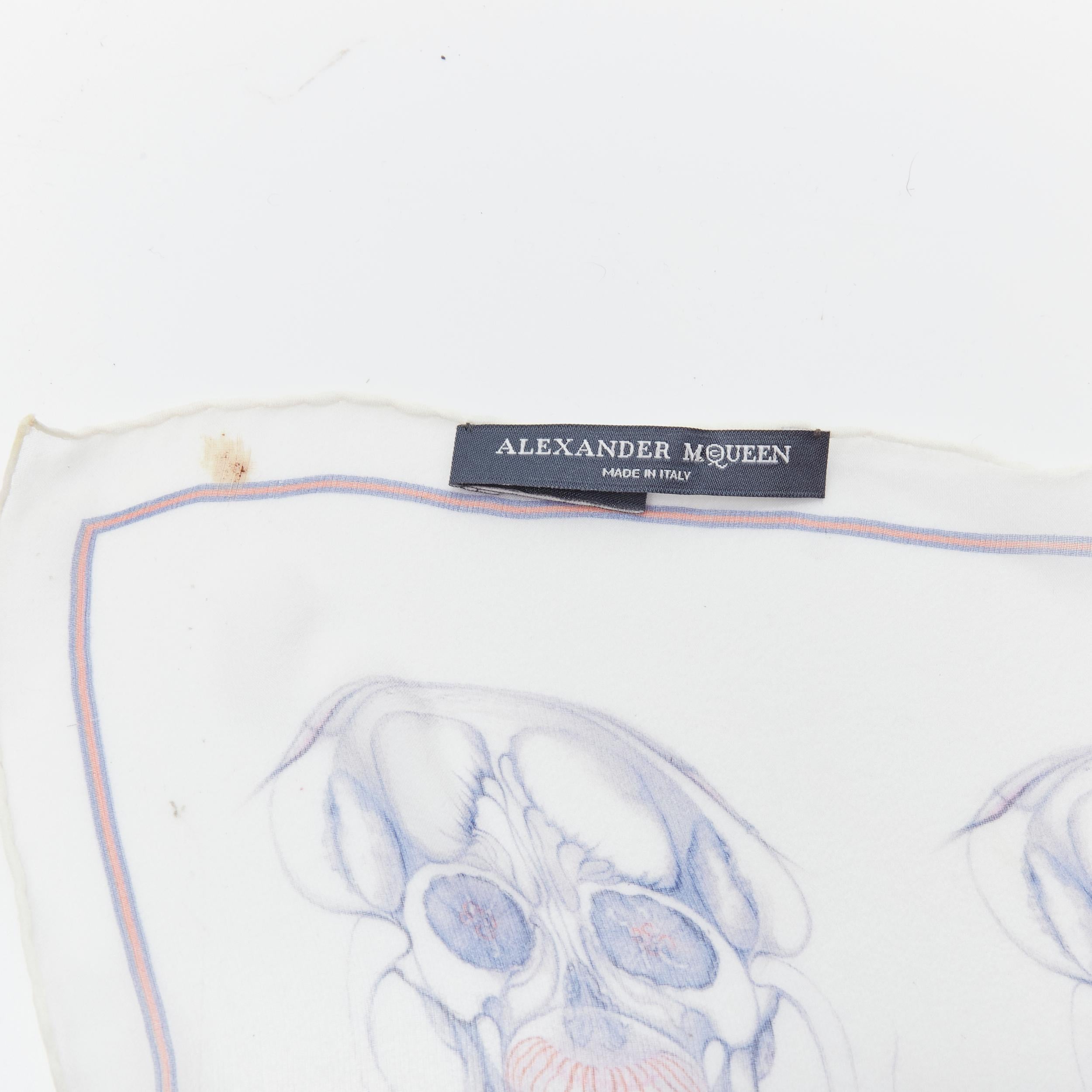 ALEXANDER MCQUEEN 100% silk white blue skull print sheer scarf 3