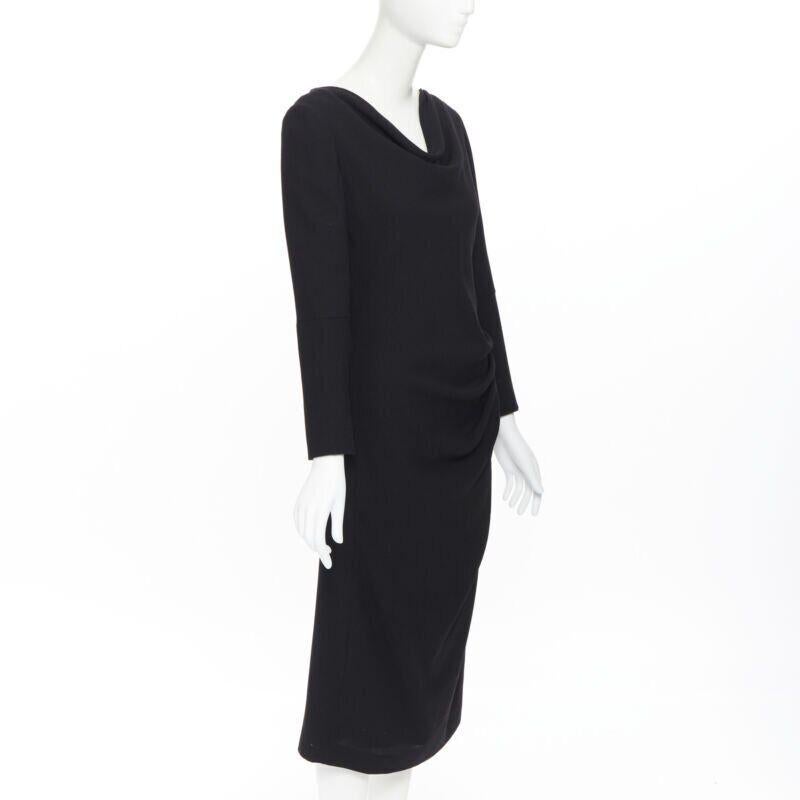 ALEXANDER MCQUEEN 100% wool black cowl neck draped waist knee length dress IT44 In Excellent Condition For Sale In Hong Kong, NT
