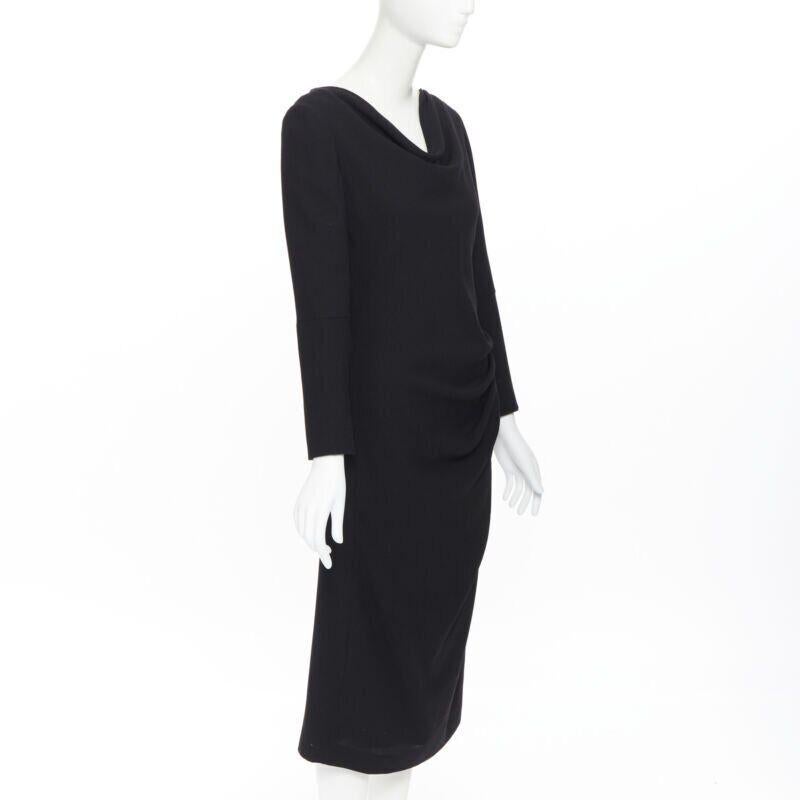 ALEXANDER MCQUEEN 100% wool black cowl neck draped waist knee length dress IT44 In Excellent Condition In Hong Kong, NT