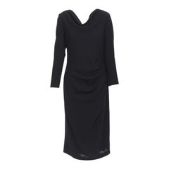 ALEXANDER MCQUEEN 100% wool black cowl neck draped waist knee length dress IT44