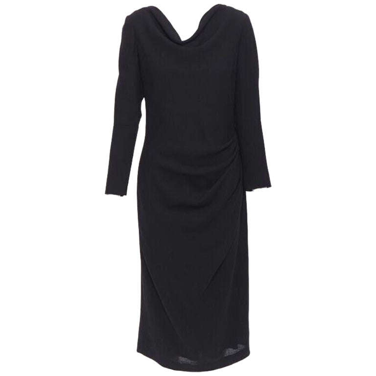 ALEXANDER MCQUEEN 100% wool black cowl neck draped waist knee length dress IT44