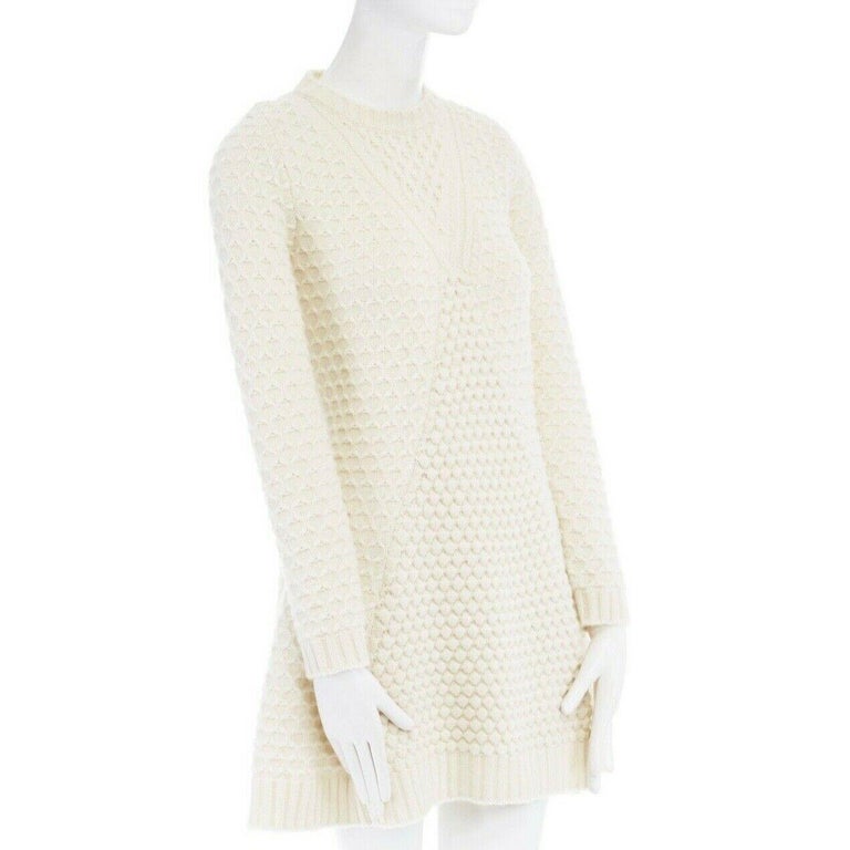 ALEXANDER MCQUEEN 100% wool cream honeycomb textured knit flared hem ...