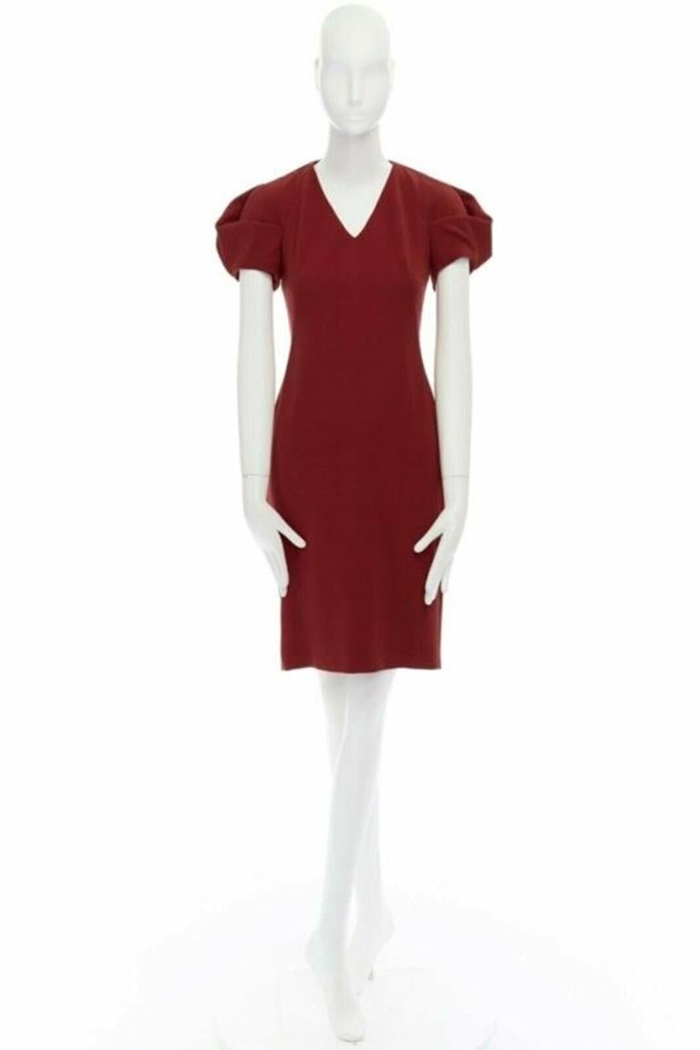 Red ALEXANDER MCQUEEN 100% wool crepe V-neck pleated sleeves cocktail dress IT38 XS For Sale