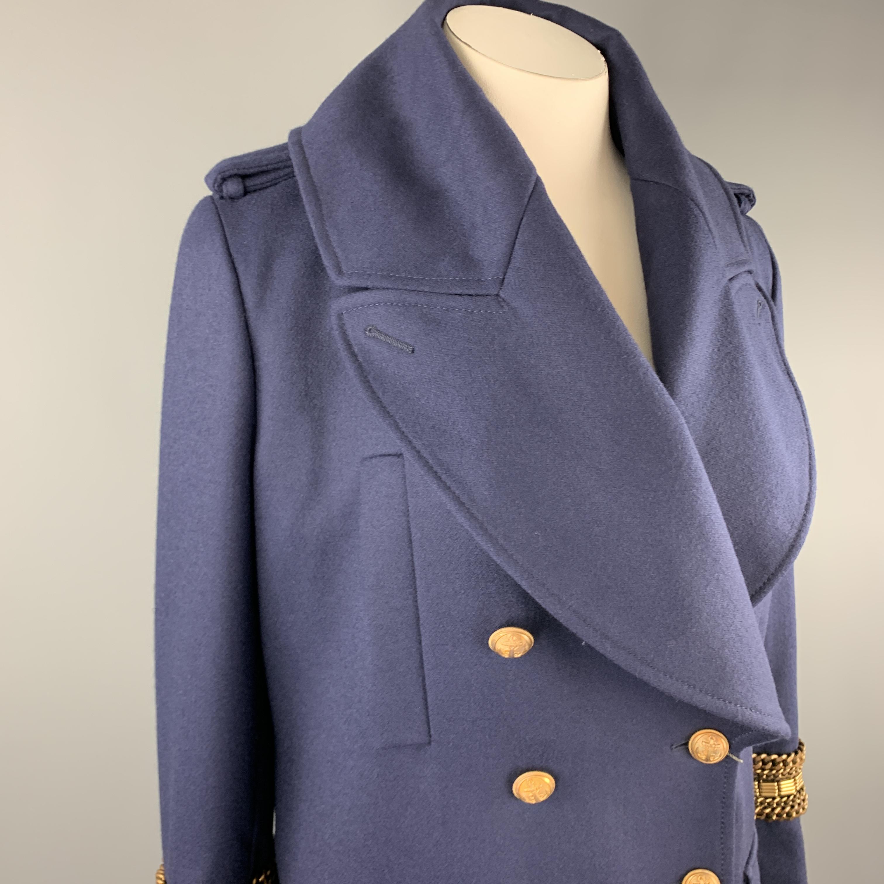 ALEXANDER MCQUEEN 12 Navy Wool Anchor Button Chain Stripe Nautical Coat In New Condition In San Francisco, CA