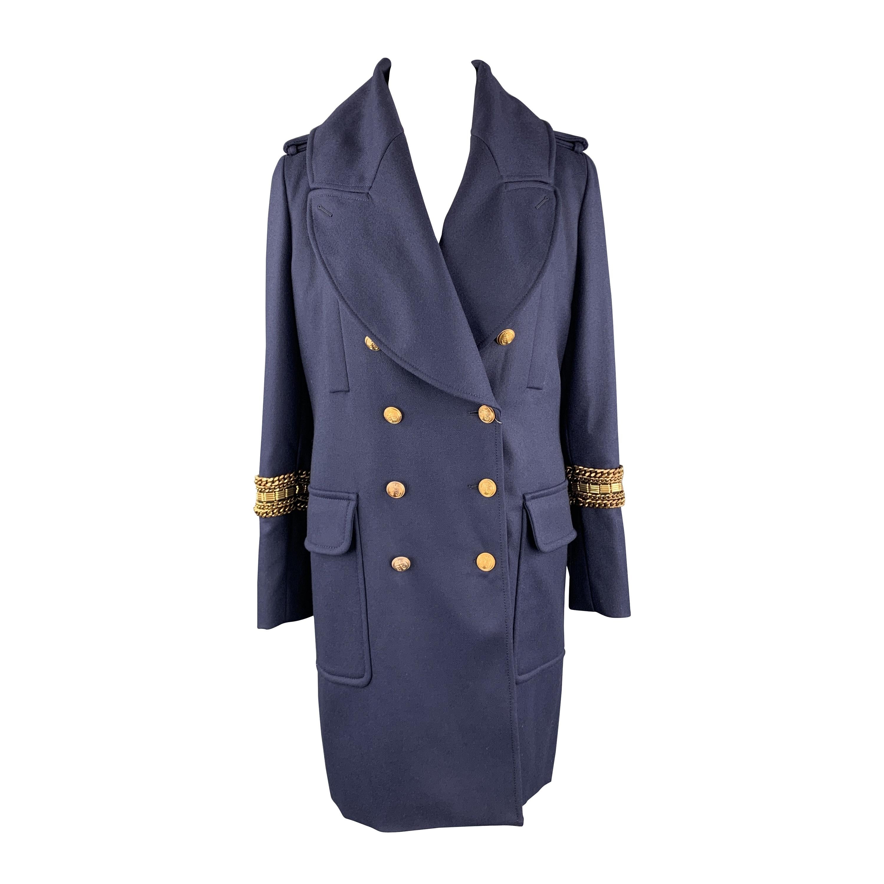 ALEXANDER MCQUEEN 12 Navy Wool Anchor Button Chain Stripe Nautical Coat