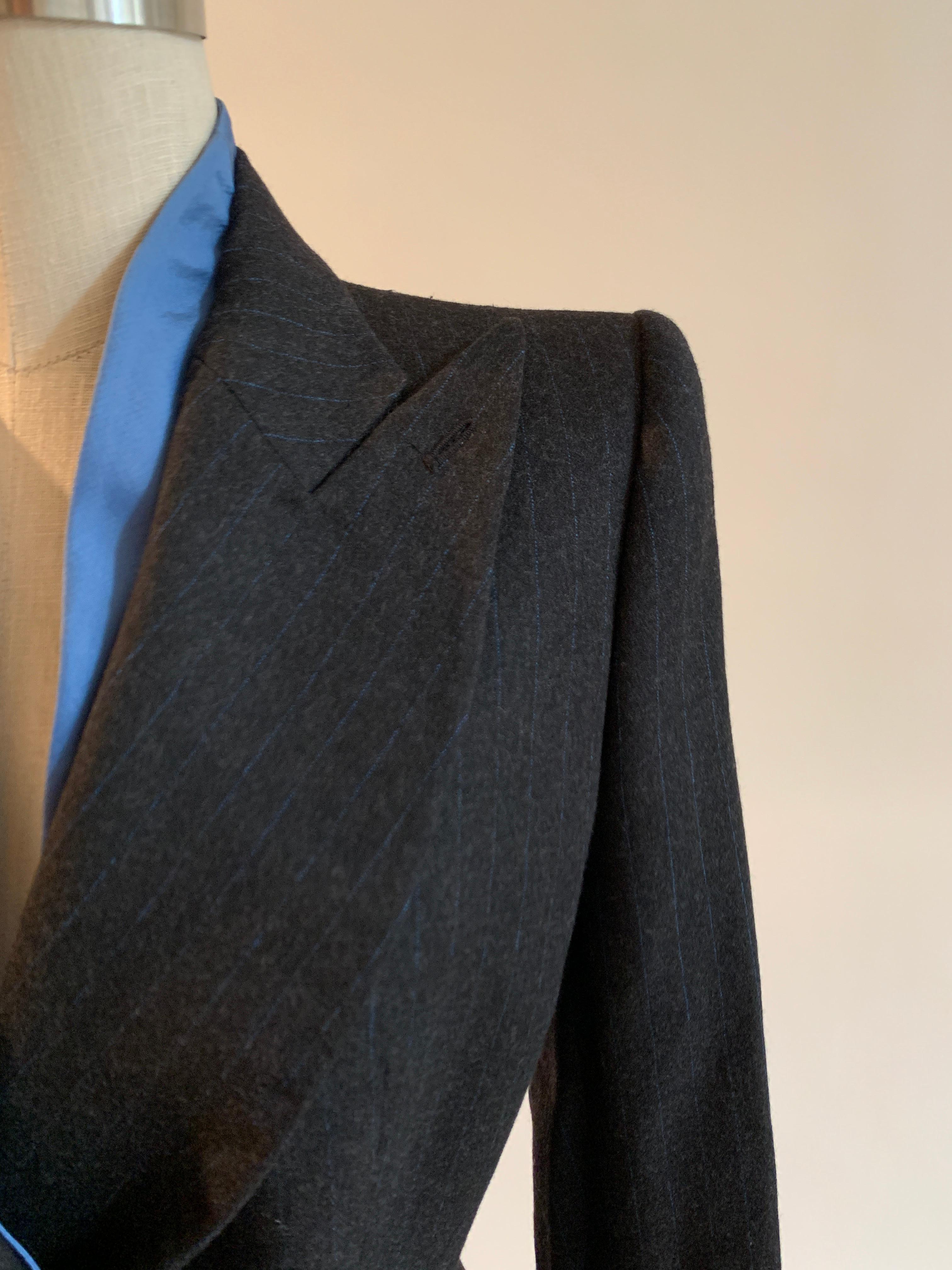 Women's Alexander McQueen 1997 Charcoal Grey Blue Pinstripe Silk Collar Blazer Jacket