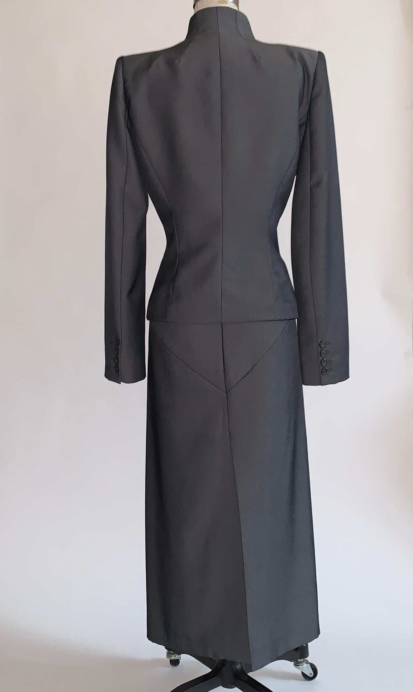 Black Alexander Mcqueen 1998 Joan Skirt Suit with Zippered Jacket and Logo Red Lining For Sale