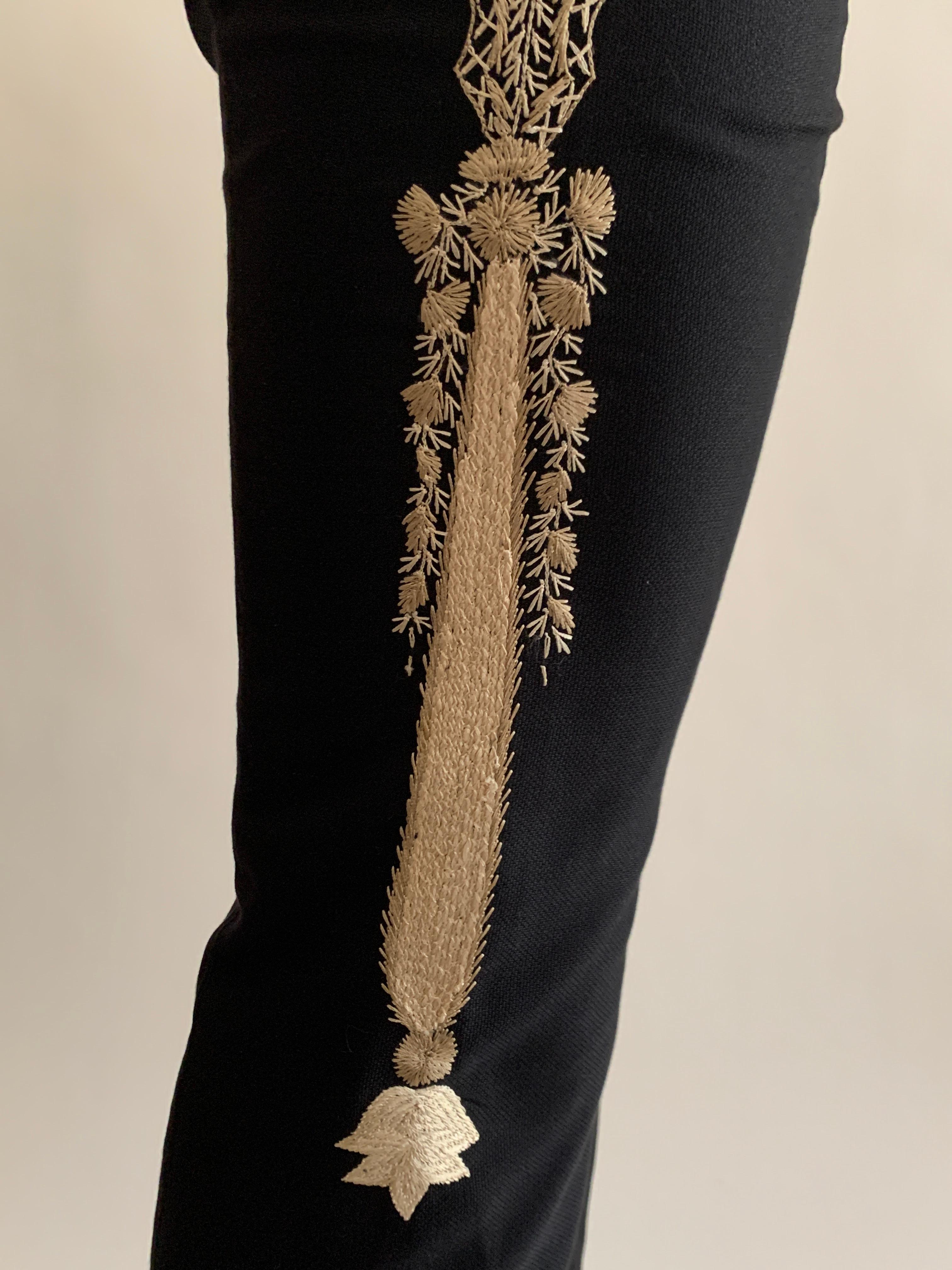 Alexander McQueen 2002 Black and Tan Embroidered Silk Pants Trousers In Good Condition In San Francisco, CA