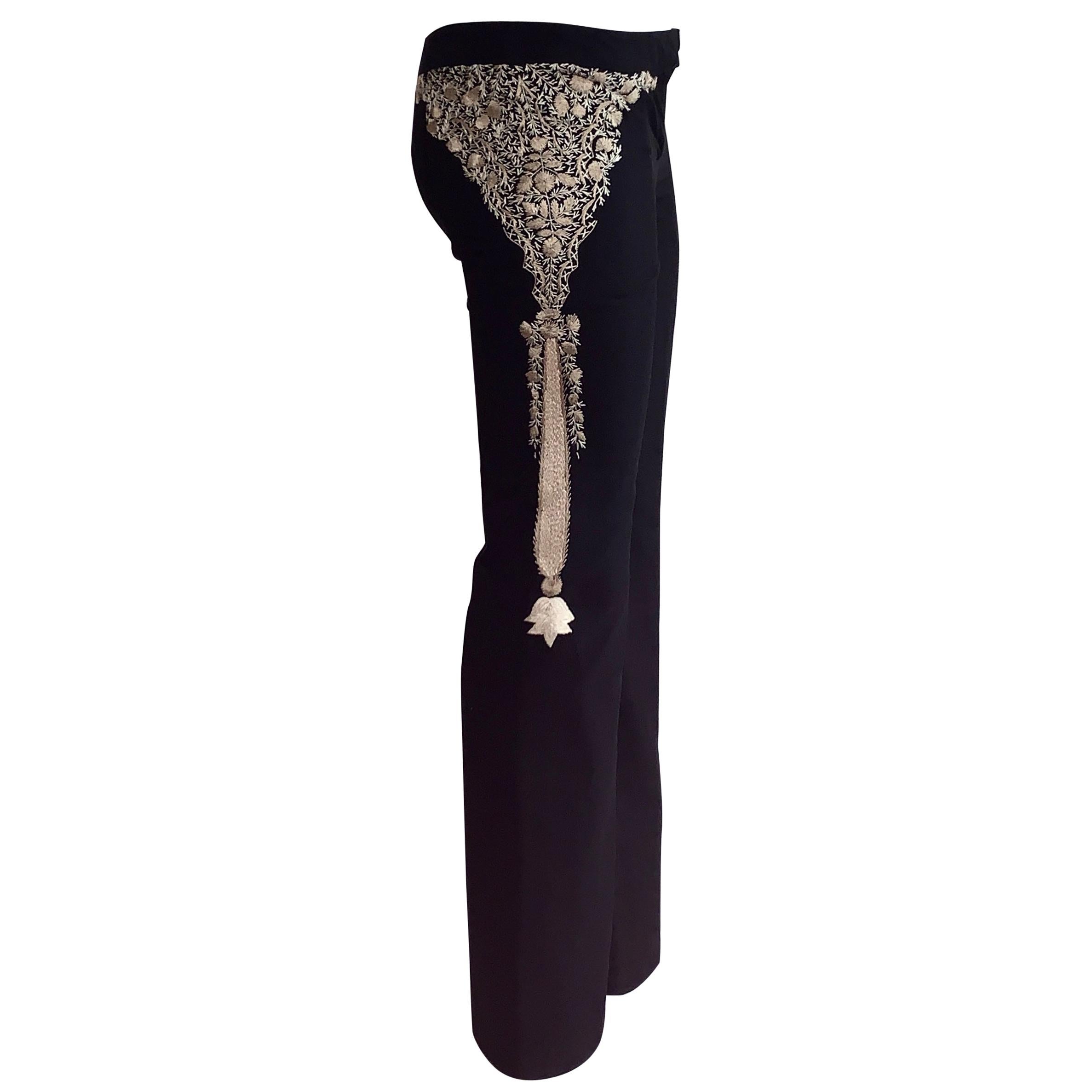 Alexander McQueen 2002 Black and Tan Embroidered Silk Pants Trousers
