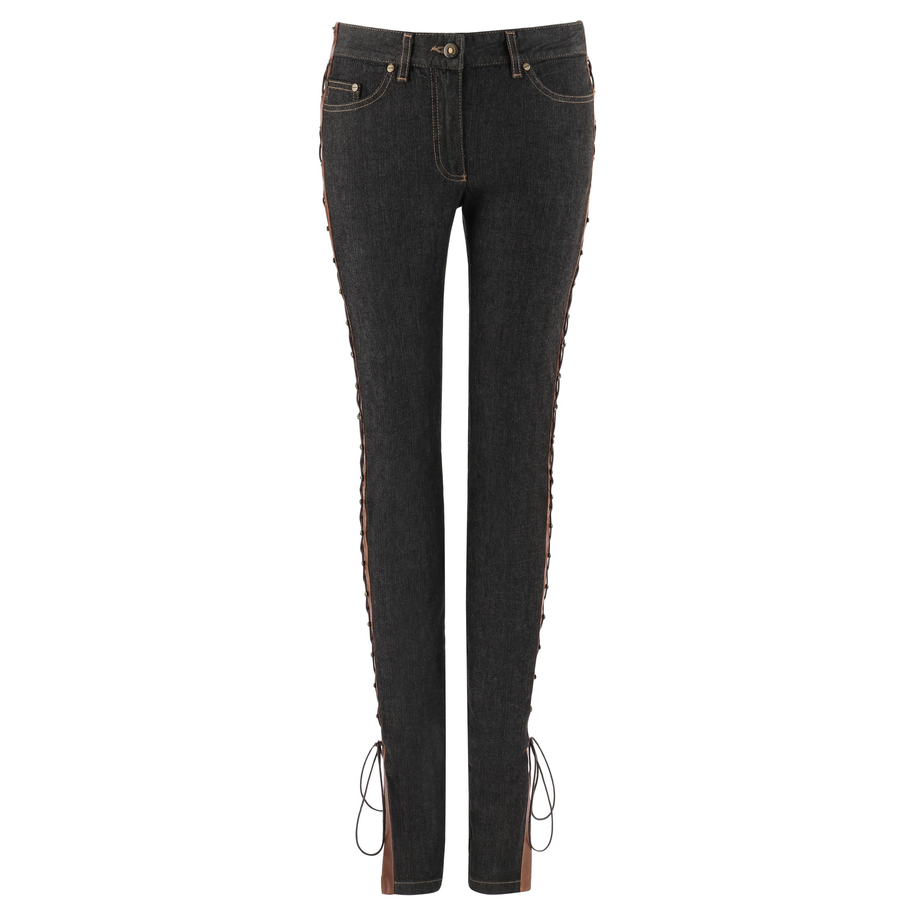 ALEXANDER McQUEEN 2002 "Supercalifragilistic" Laced Leather Denim Skinny Jeans  For Sale