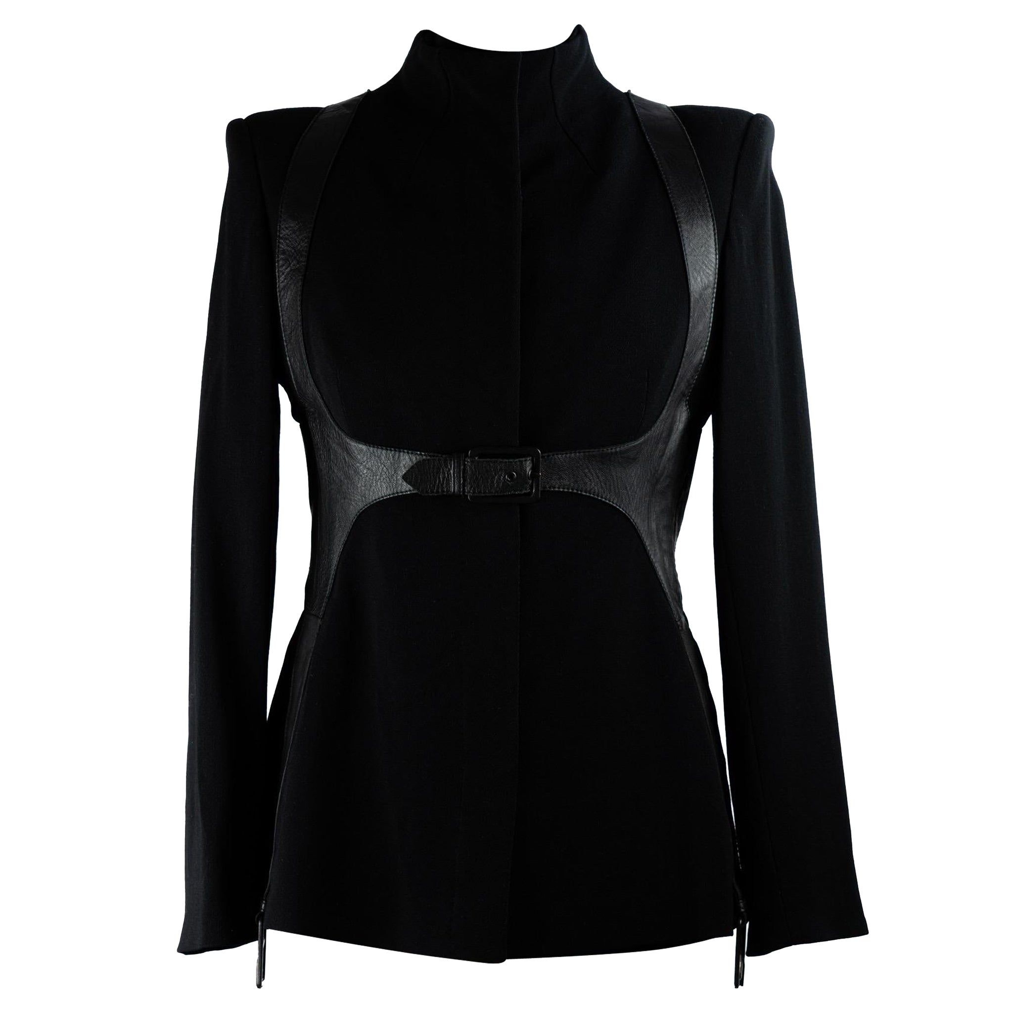 Alexander McQueen 2002 Supercalifragilistic Wool Black Leather Harness Jacket.