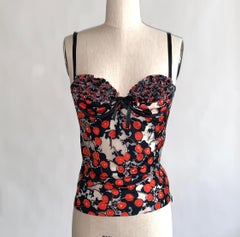 Alexander McQueen S/S 2003 Black and Red Cherry Print Mesh Ruffle Bust Tank Top