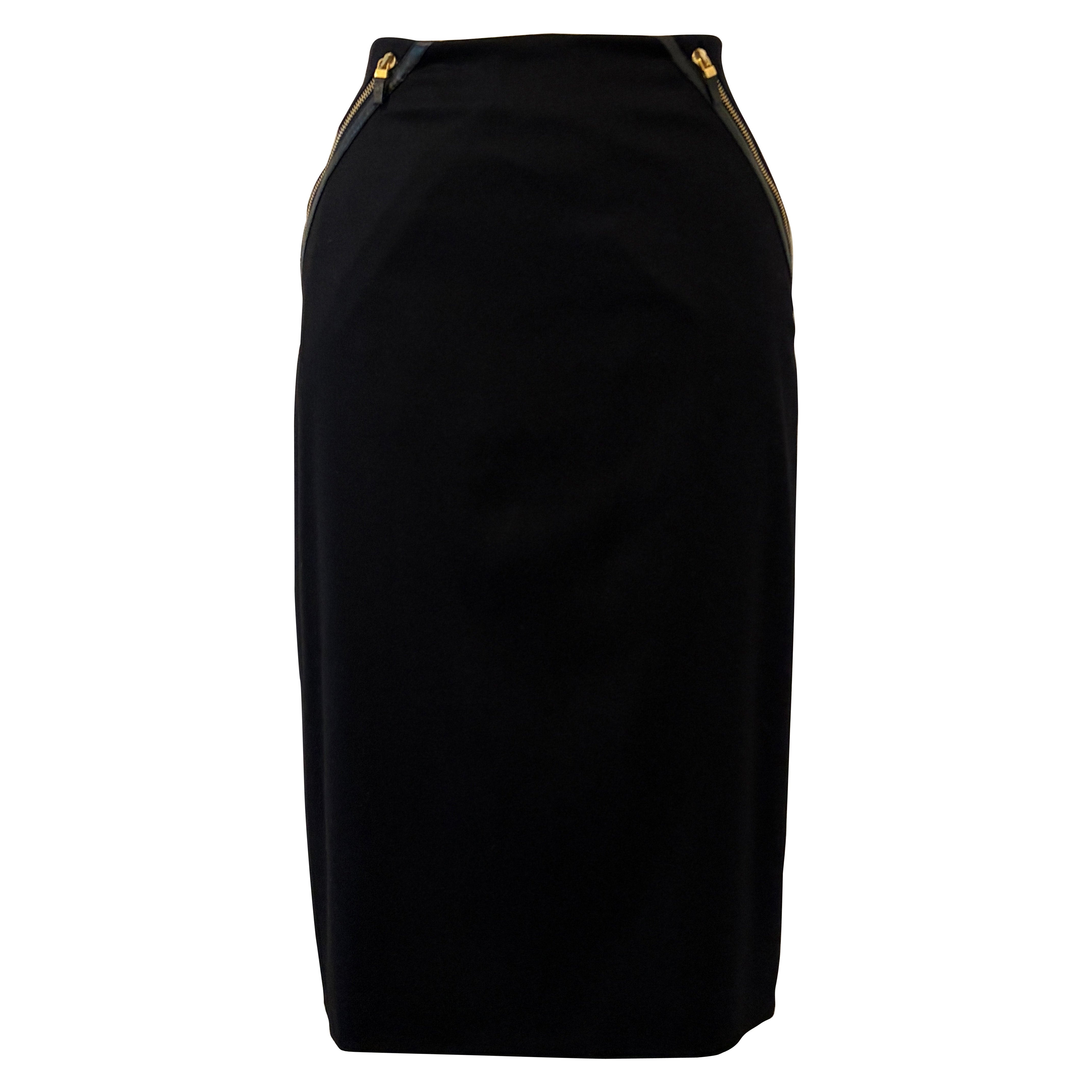 Alexander McQueen 2003 Black with Gold Zipper and Leather Trim Pencil Skirt