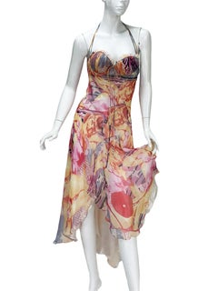 Alexander McQueen 2004 Collection Silk Americana Print Halter Backless Dress 38
