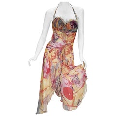 Alexander McQueen 2003 Collection Silk Unique Print Halter Backless Dress It. 38