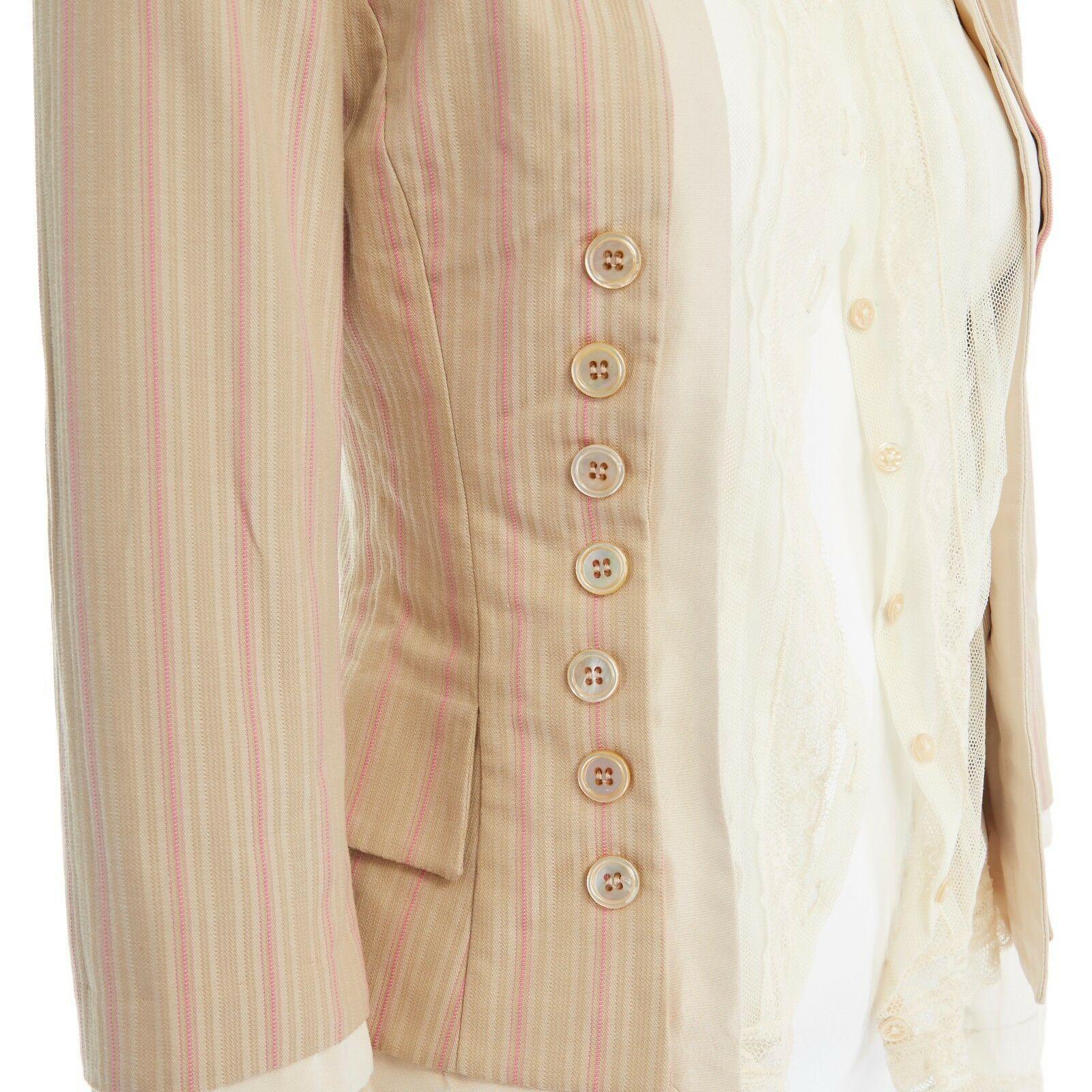 ALEXANDER MCQUEEN 2004 beige pink stripe cotton lace trimmed jacket IT38 XS 3