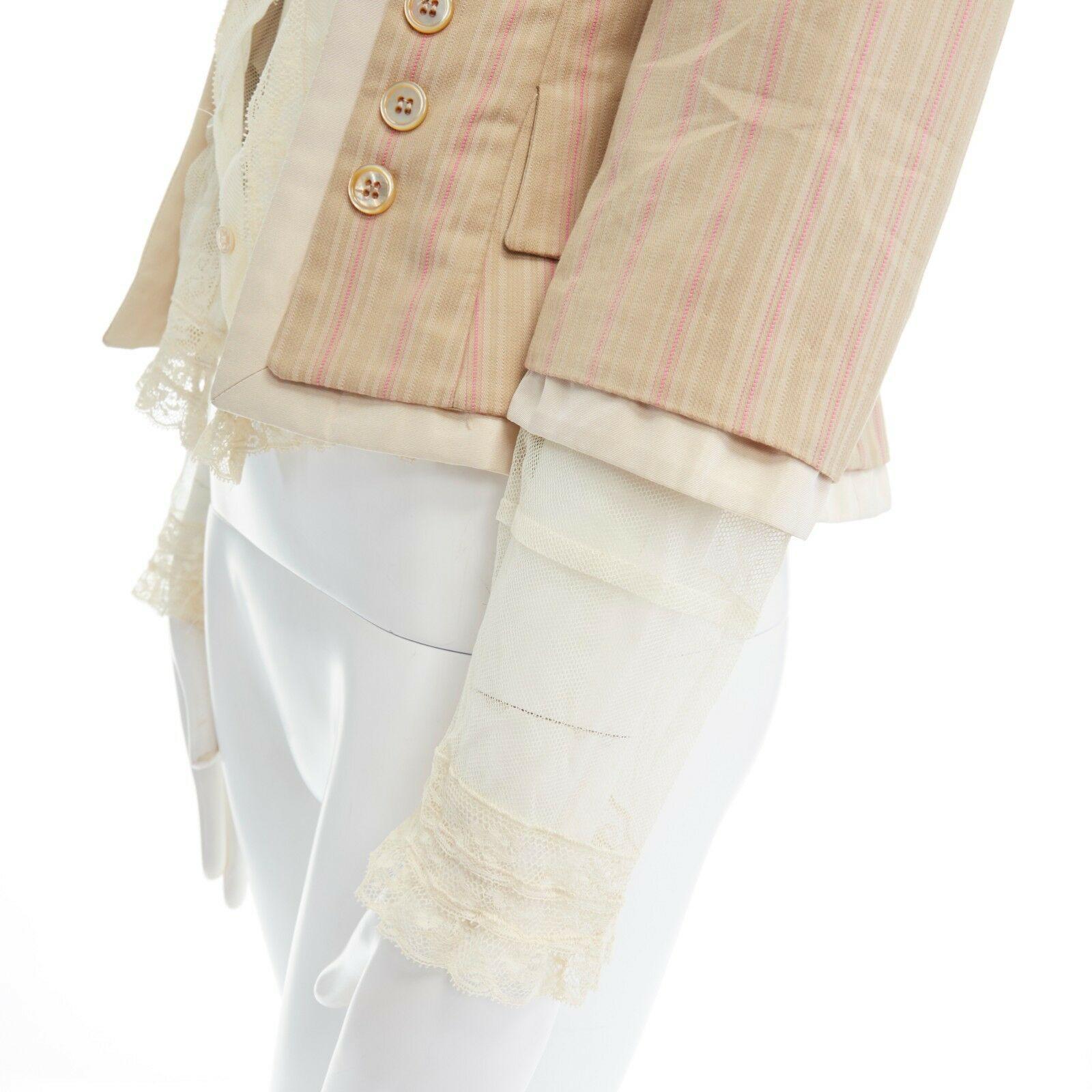 ALEXANDER MCQUEEN 2004 beige pink stripe cotton lace trimmed jacket IT38 XS 4