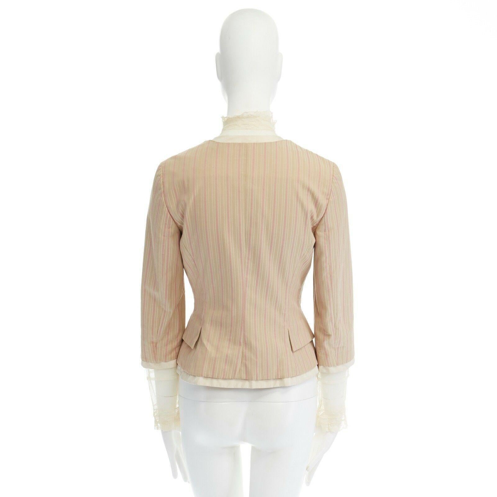 ALEXANDER MCQUEEN 2004 beige pink stripe cotton lace trimmed jacket IT38 XS In Excellent Condition In Hong Kong, NT