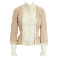 ALEXANDER MCQUEEN 2004 beige pink stripe cotton lace trimmed jacket IT38 XS