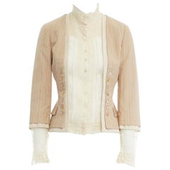 ALEXANDER MCQUEEN 2004 beige pink stripe cotton lace trimmed jacket IT38 XS