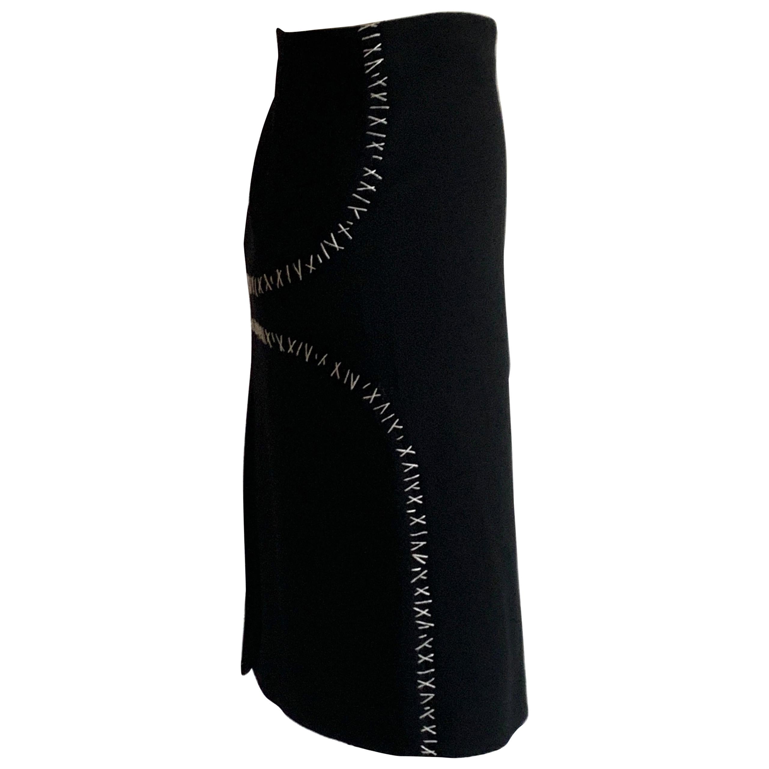 Alexander Mcqueen 2004 Black With White Accent Stitch Pencil Skirt 