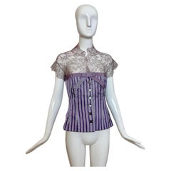 ALEXANDER MCQUEEN 2004 - Chemisier en soie violet à rayures et dentelle - Vintage