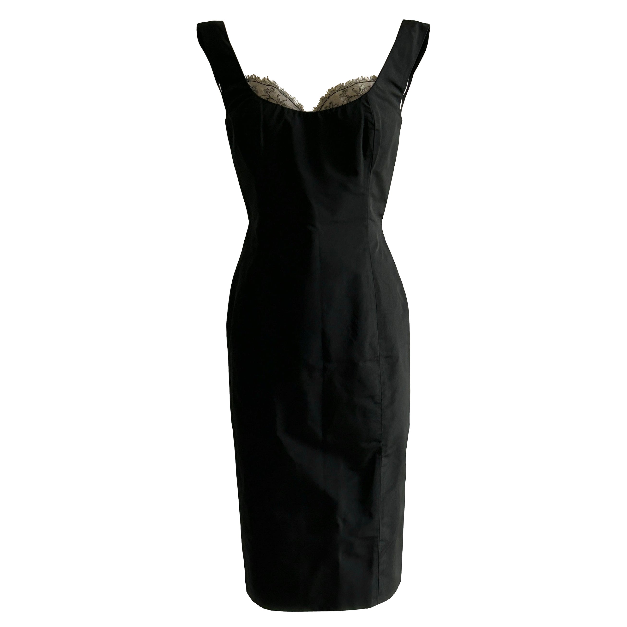 Alexander McQueen 2005 Black Silk Sleeveless Midi Cocktail Dress with Lace Trim