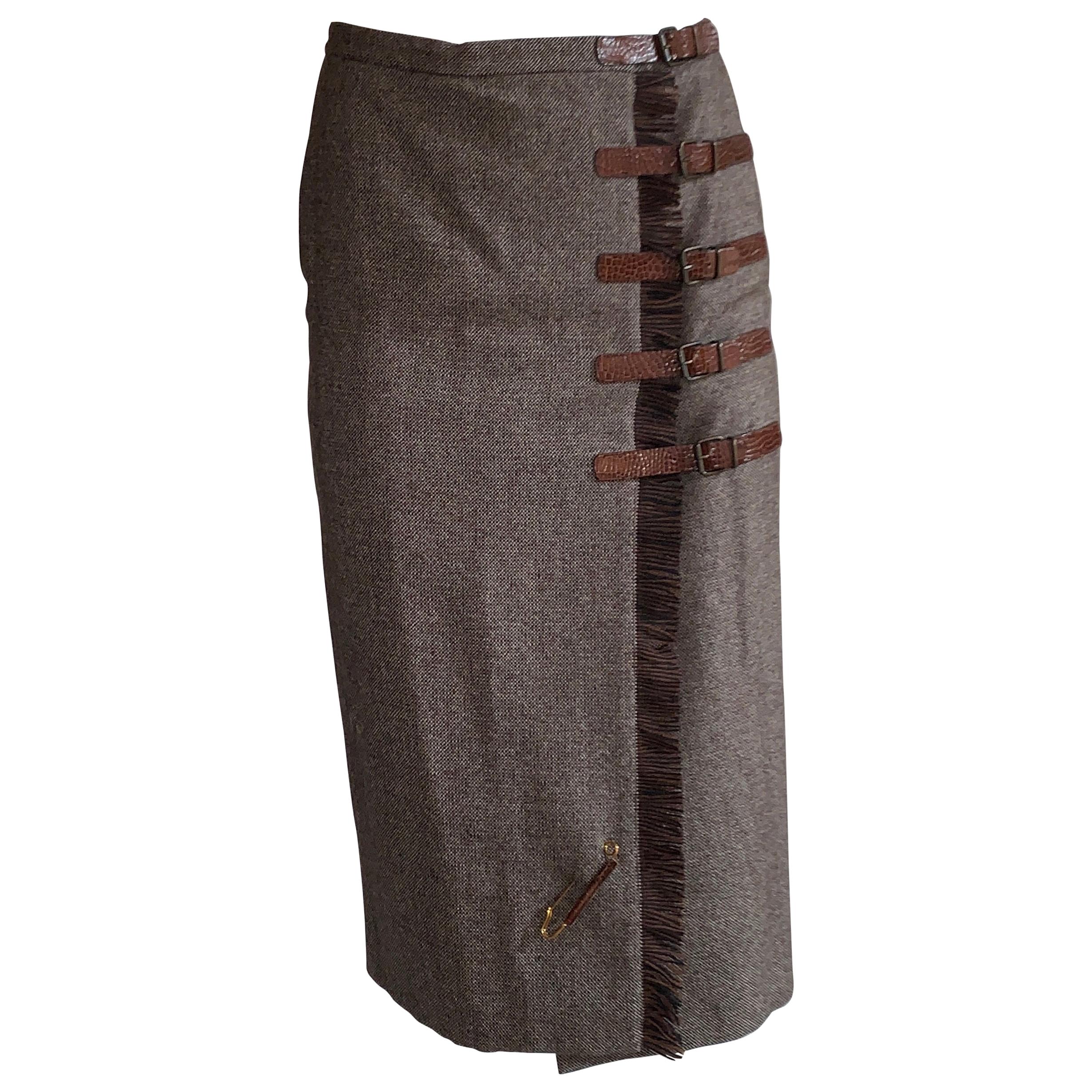 Alexander McQueen 2005 Brown Wool Tweed Buckle and Safety Pin Midi Skirt