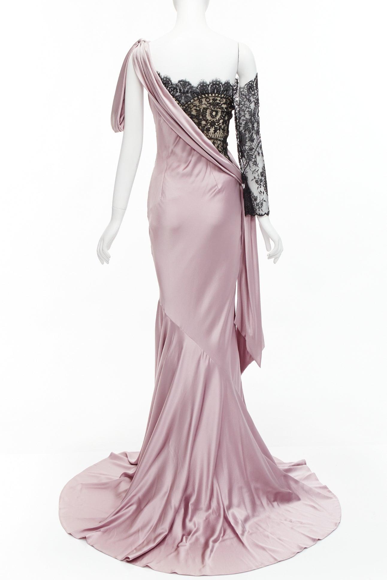 ALEXANDER MCQUEEN 2006 lilac black lace one shoulder bias gown dress IT40 S For Sale 2