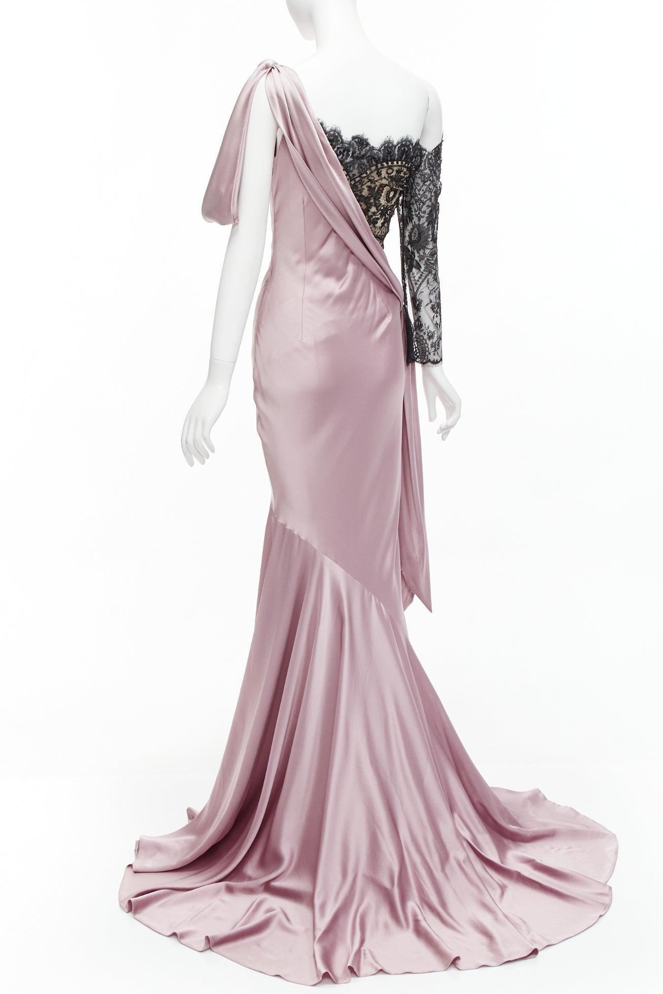 ALEXANDER MCQUEEN 2006 lilac black lace one shoulder bias gown dress IT40 S For Sale 2