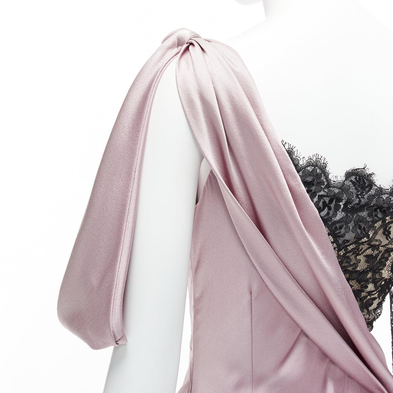 ALEXANDER MCQUEEN 2006 lilac black lace one shoulder bias gown dress IT40 S For Sale 3