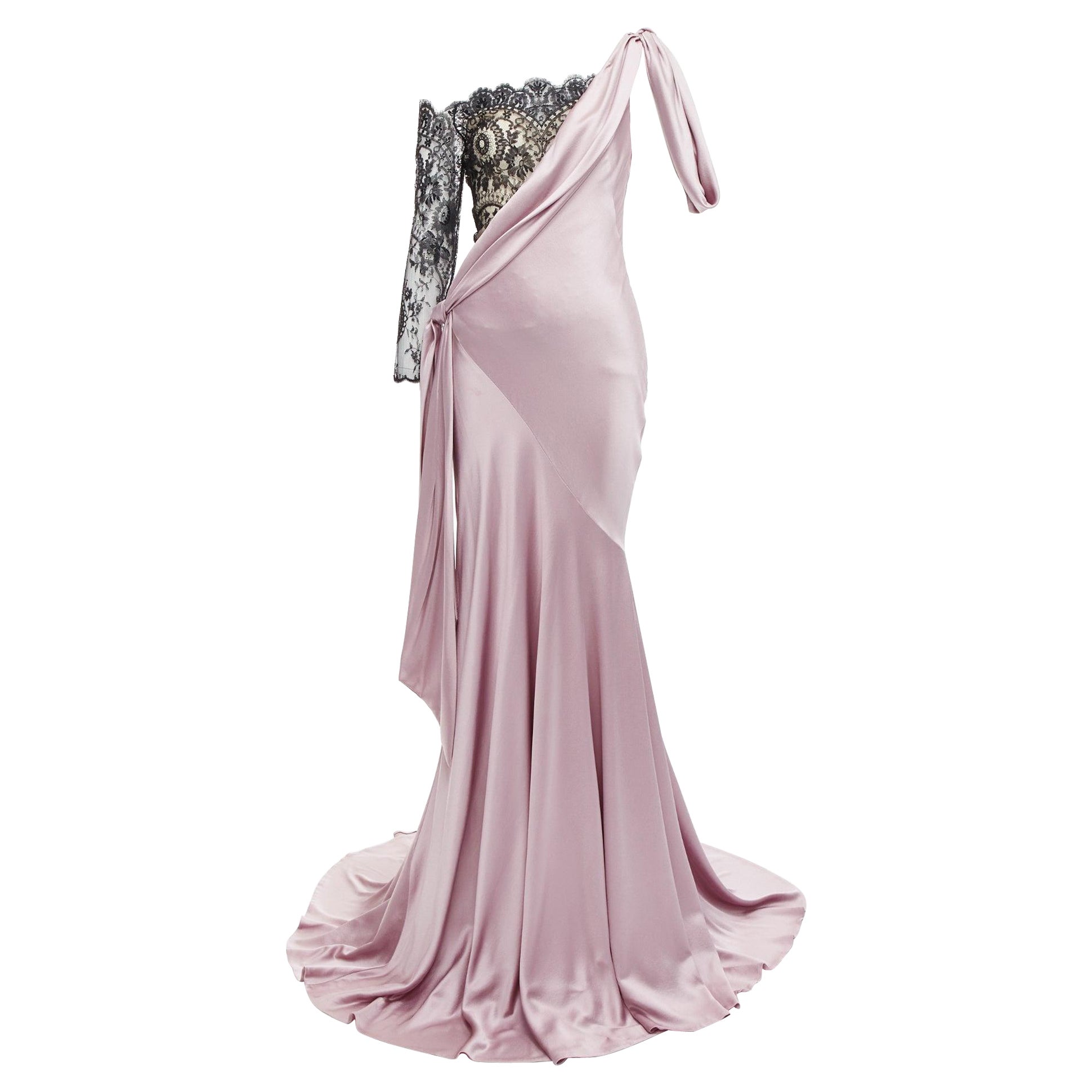 ALEXANDER MCQUEEN 2006 lilac black lace one shoulder bias gown dress IT40 S