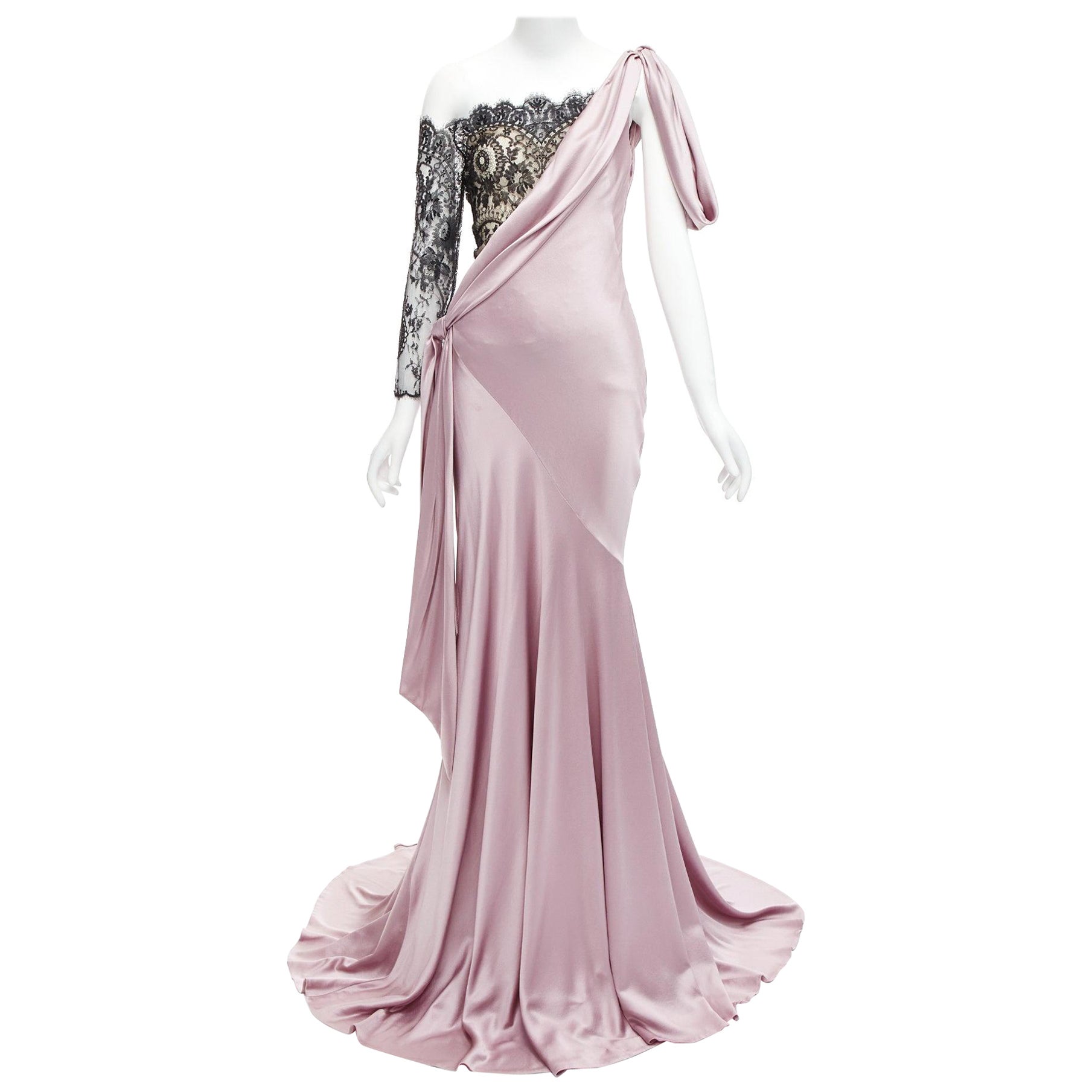 Alexander McQueen 2006 abito monospalla in pizzo nero lilla IT40 S