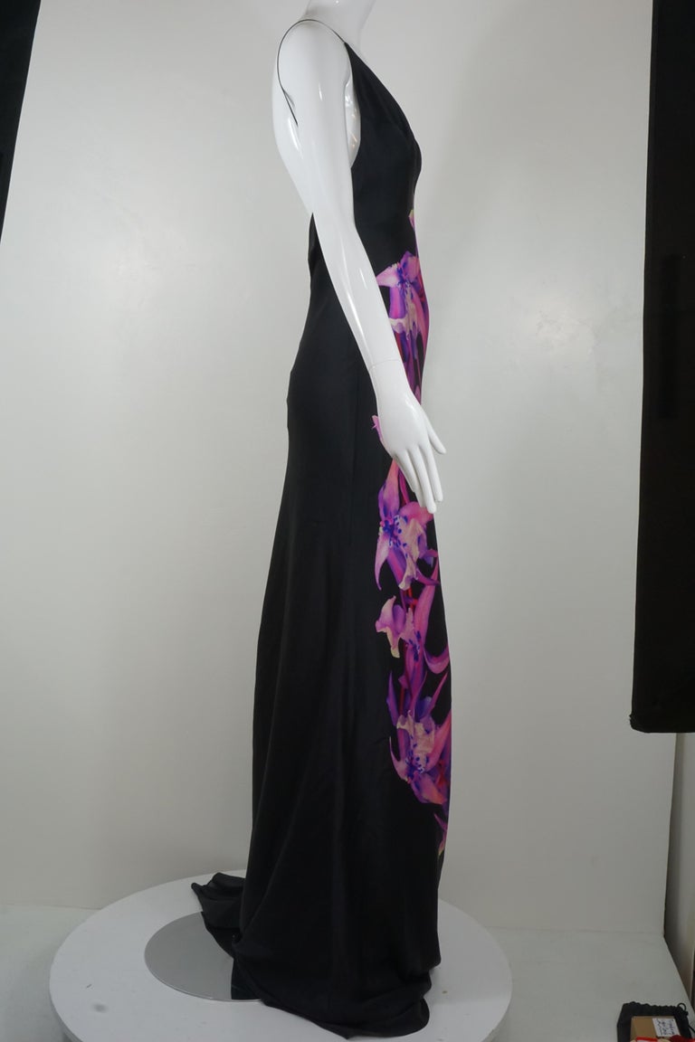 Alexander McQueen 2007 Black Silk Orchid Print Gown with Train In Good Condition In Carmel by the Sea, CA