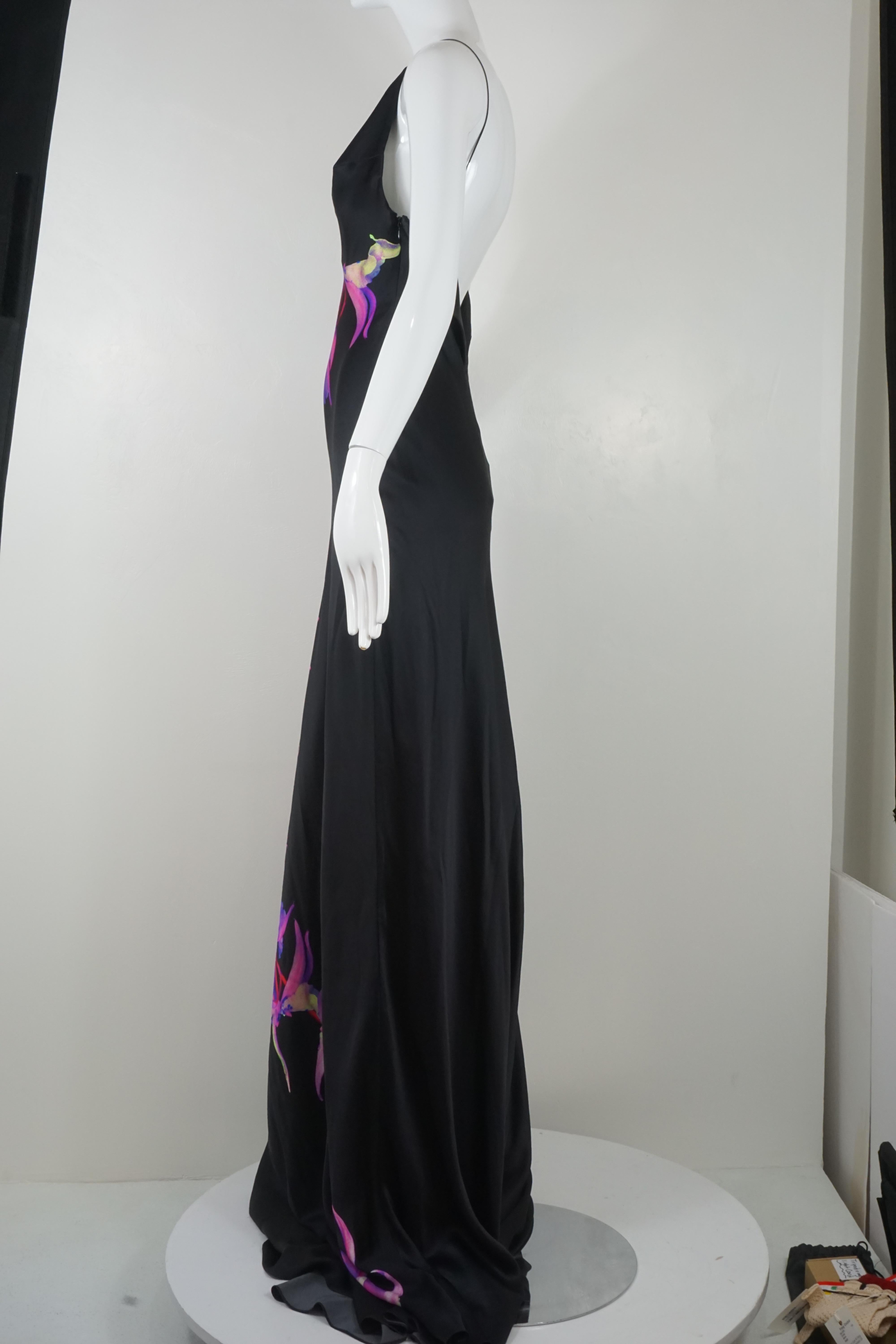 Women's Alexander McQueen 2007 Black Silk Orchid Print Gown with Train